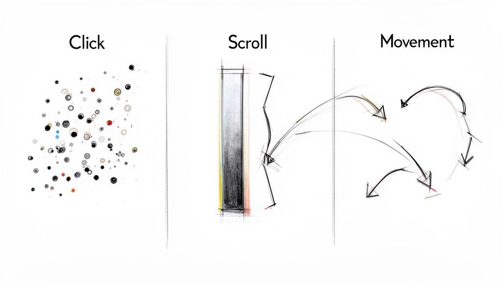 An illustration demonstrating user interactions: scattered dots for clicks, a scroll path, and curved movement lines.