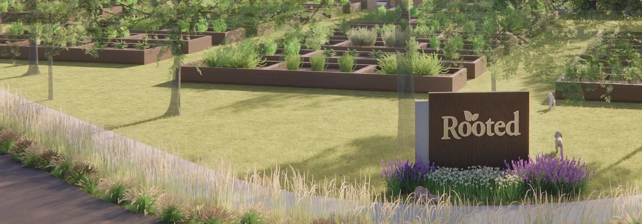 Rooted Northwest entrance sign beside landscaped native grasses and flowers, with raised garden beds and trees in the background.