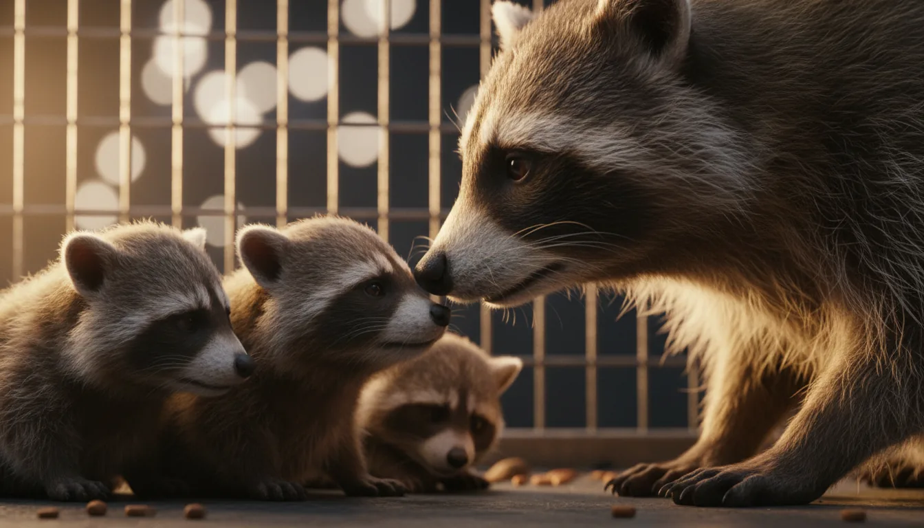 Hyper-realistic 3D render in the style of a VFX cinematic movie still from Maya, an emotional extreme close-up of an adult raccoon in profile, its nose touching a baby raccoon. A huddle of other fluffy baby raccoons are clustered in the foreground with a shallow depth of field. The scene is lit with dramatic, cinematic contrast and warm backlighting, creating soft rim lighting on the hyper-detailed fur. The background is a dark, out-of-focus cage with soft bokeh. The ground is covered in small, scattered food pellets.