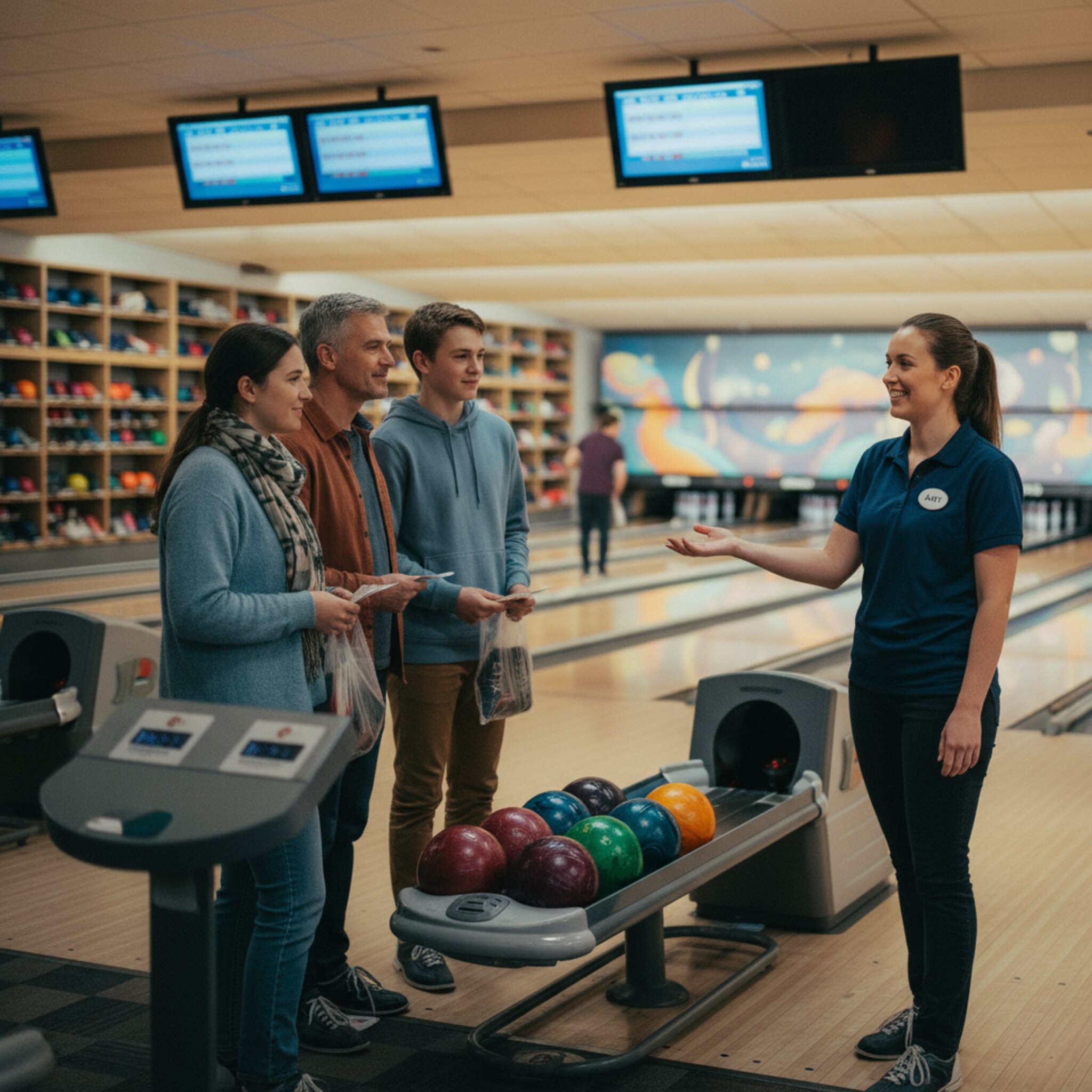 Am Counter zeigt ein Mitarbeiter einer Gruppe die zugewiesene Bahn und weist den Weg. Die Lichter über den Bahnen wechseln, einige sind frei, andere belebt. Kugeln rollen in gleichmäßigem Rhythmus zurück. Man spürt Tempo, aber alles greift ruhig ineinander.