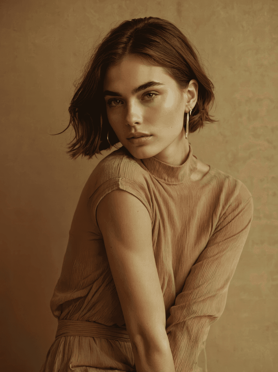 Studio portrait of a woman with short brown hair wearing a beige top and hoop earrings, posed against a warm neutral background.