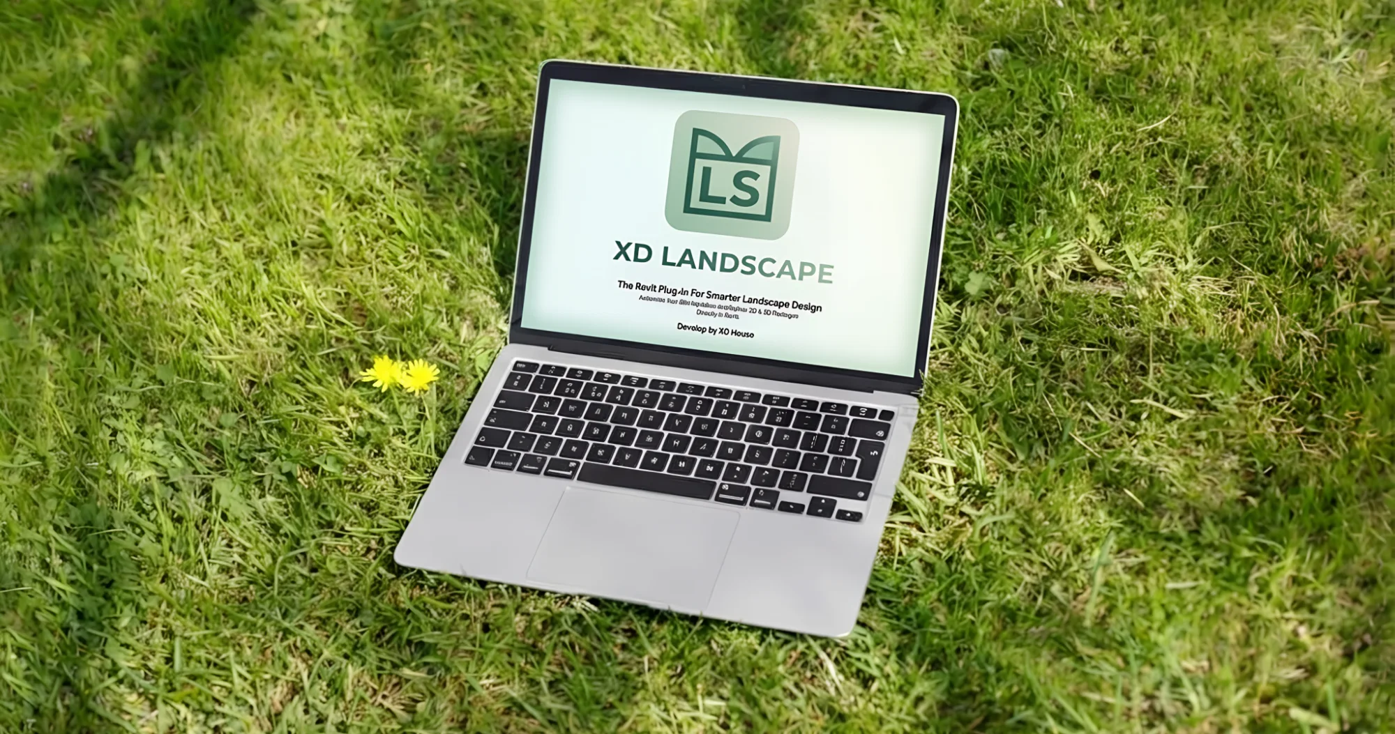 Laptop on grass showing the XD Landscape Revit plug-in, open for early access via the waiting list
