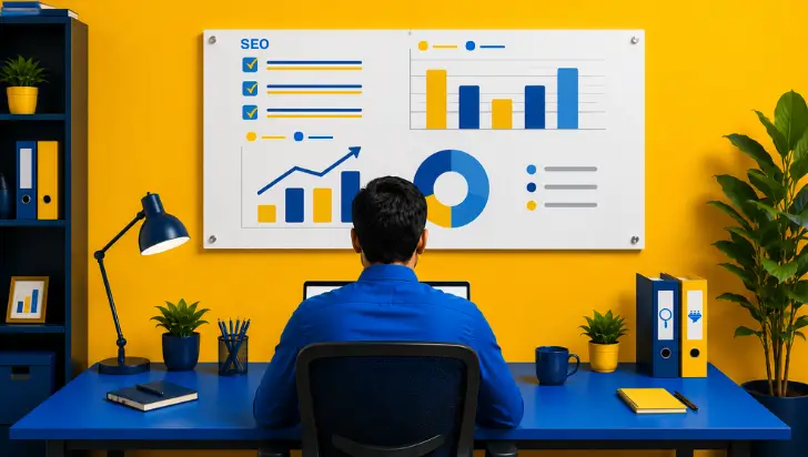 SEO professional analyzing data charts and statistics on a whiteboard in a modern office