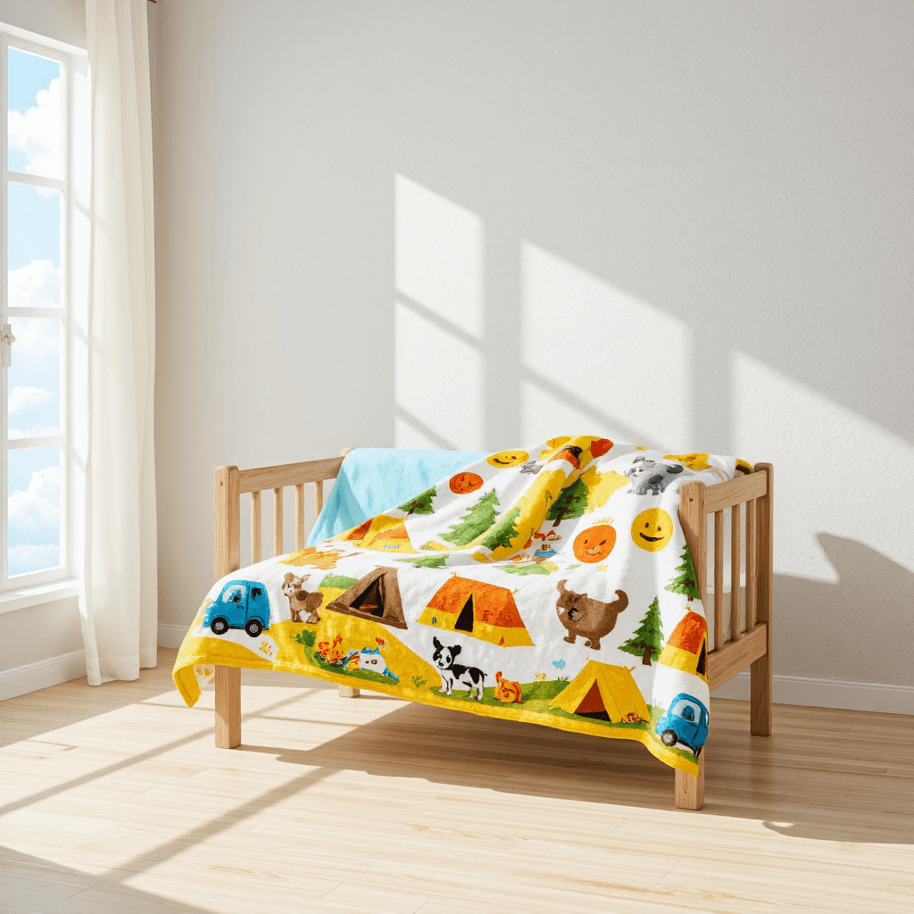 product photography of a camping-themed blanket with cartoon characters