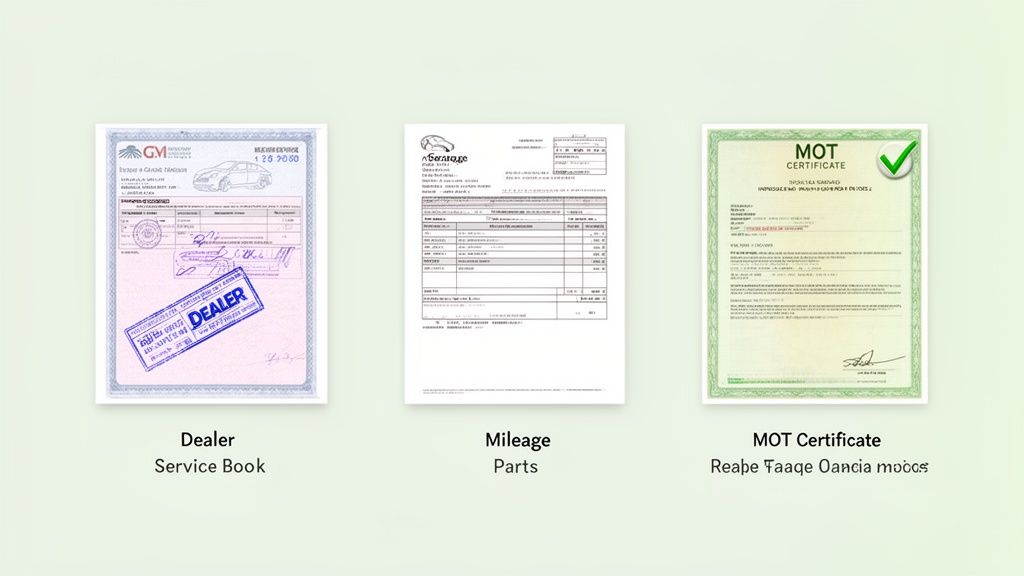 Three vehicle documents: a dealer service book, a mileage and parts record, and an MOT certificate.