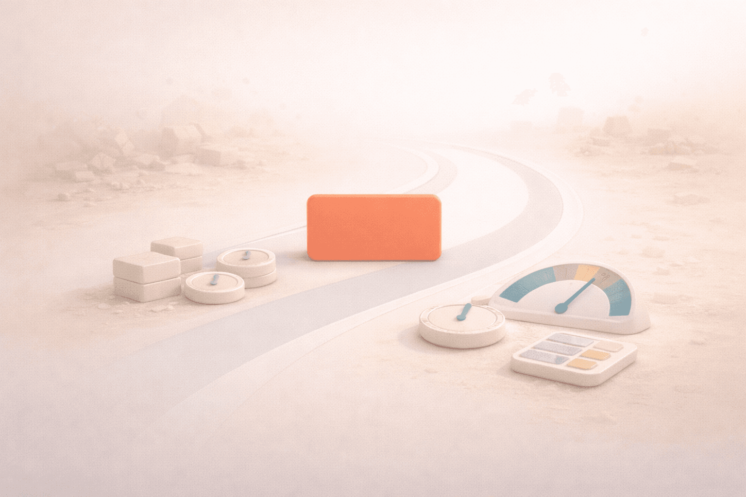 Minimalistische 3D-Illustration einer korallfarbenen Fokuskarte entlang eines klaren Berechnungspfads, umgeben von hellen Kostenblöcken, Zeit-Chips und einem dezenten Wertindikator sowie Rechen- und Timer-Elementen, die den Zusammenhang zwischen Arbeitszeit und Stundensatz auf warmem cremefarbenem Hintergrund darstellen.