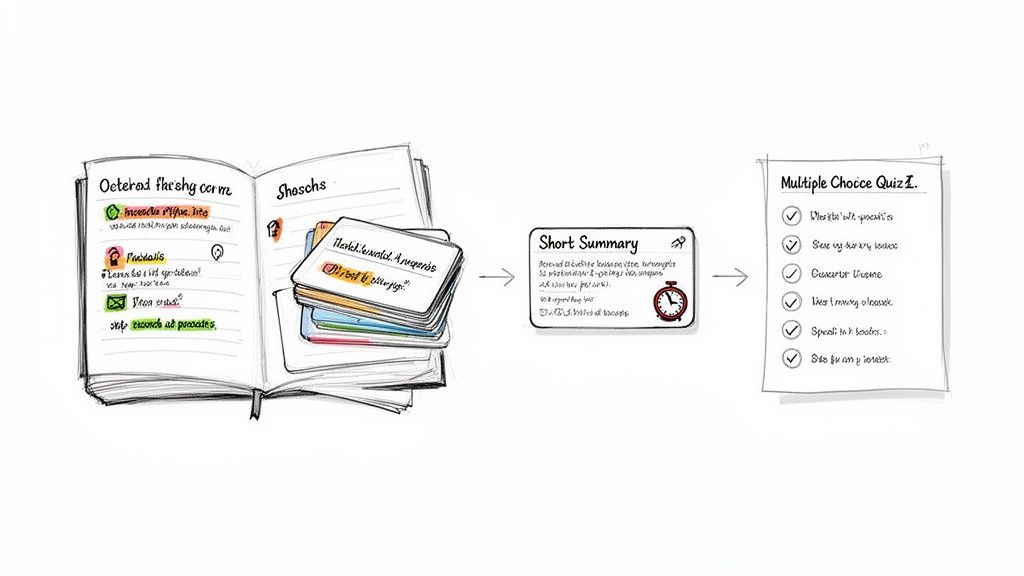 Diagram illustrating the study process, from handwritten notes to a summary and a multiple-choice quiz.