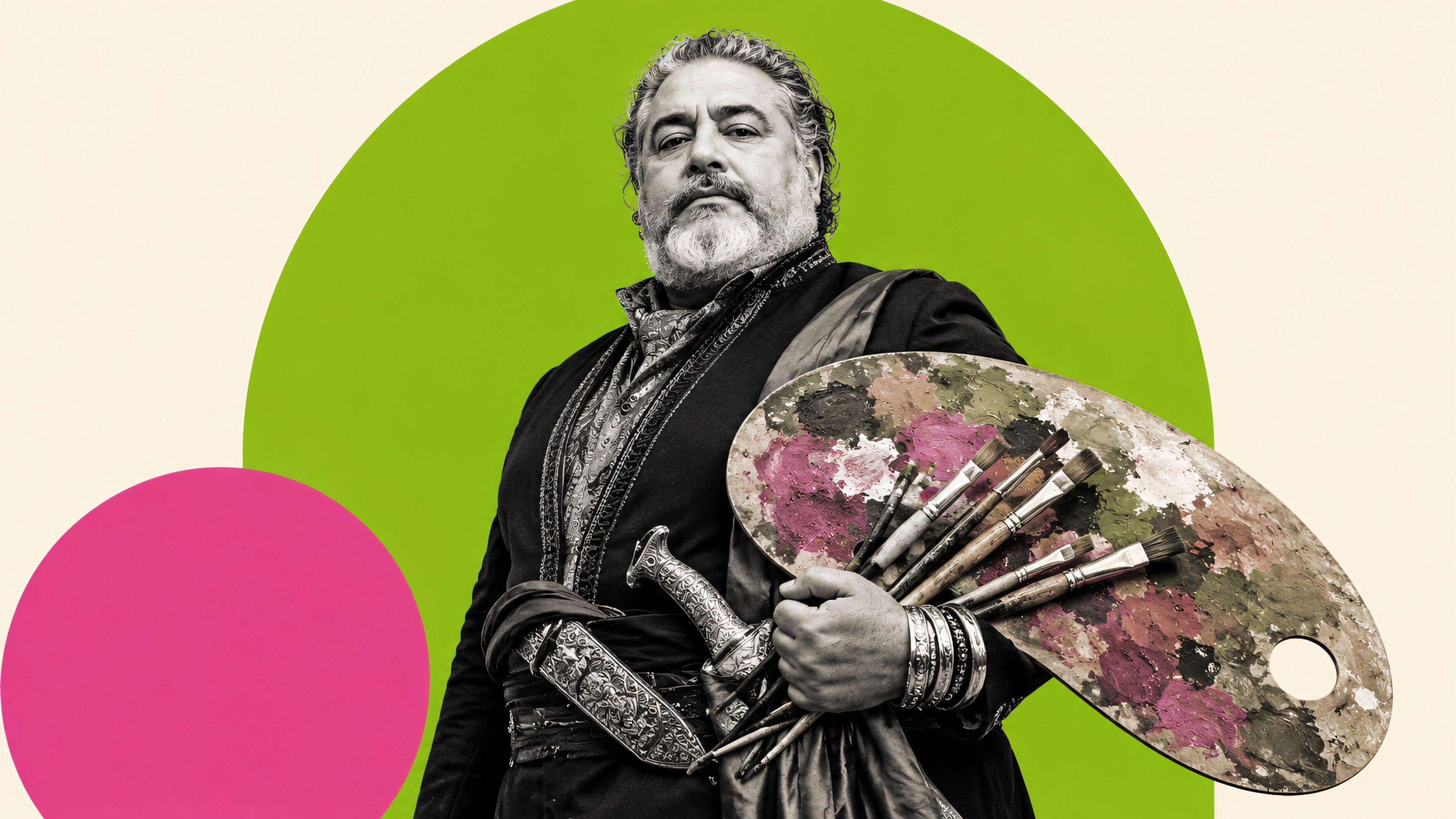 male creative professional holding a painter’s palette and paintbrushes against a green and pink editorial collage background, representing design studios evaluating the right CRM and project management tools for growth and operations.