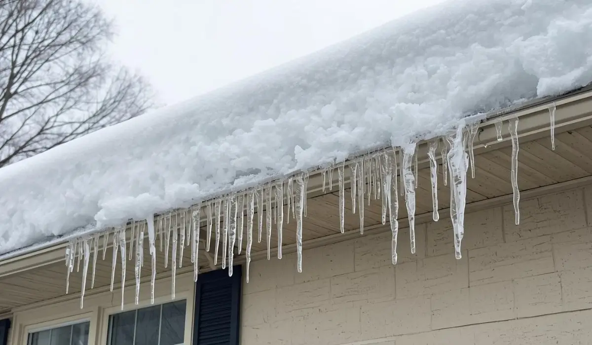 A Naperville home with heavy rooftop snow and visible icicles forming along the eaves, indicating potential ice dam risk, supports the topic of ice dam prevention that residents of Naperville need before winter leaks occur.
