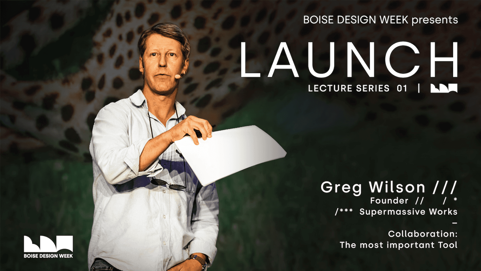 Greg wilson on stage with the title LAUNCH