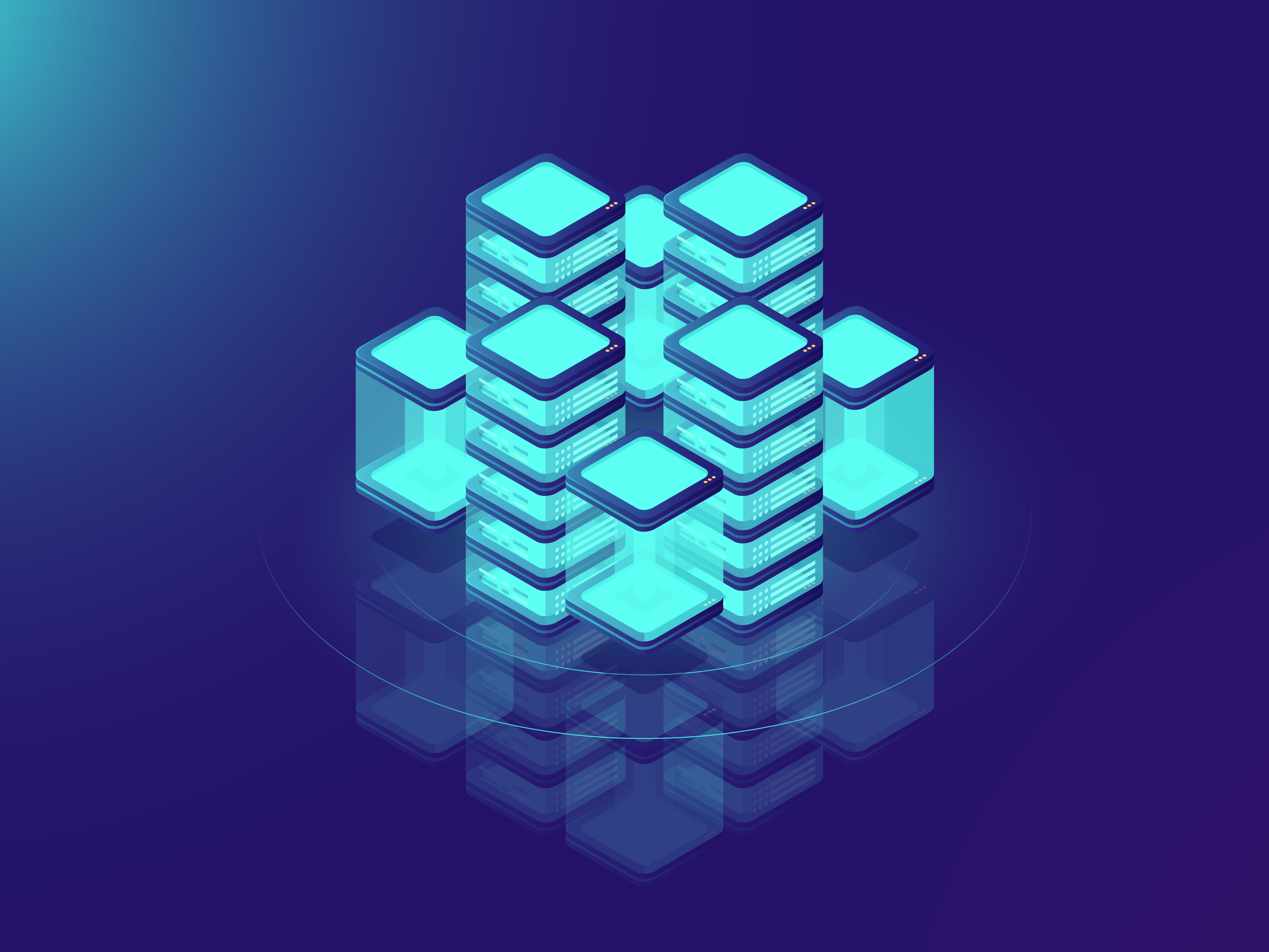 Isometric illustration of AWS S3 storage buckets shown as glowing blue data servers on a dark background.