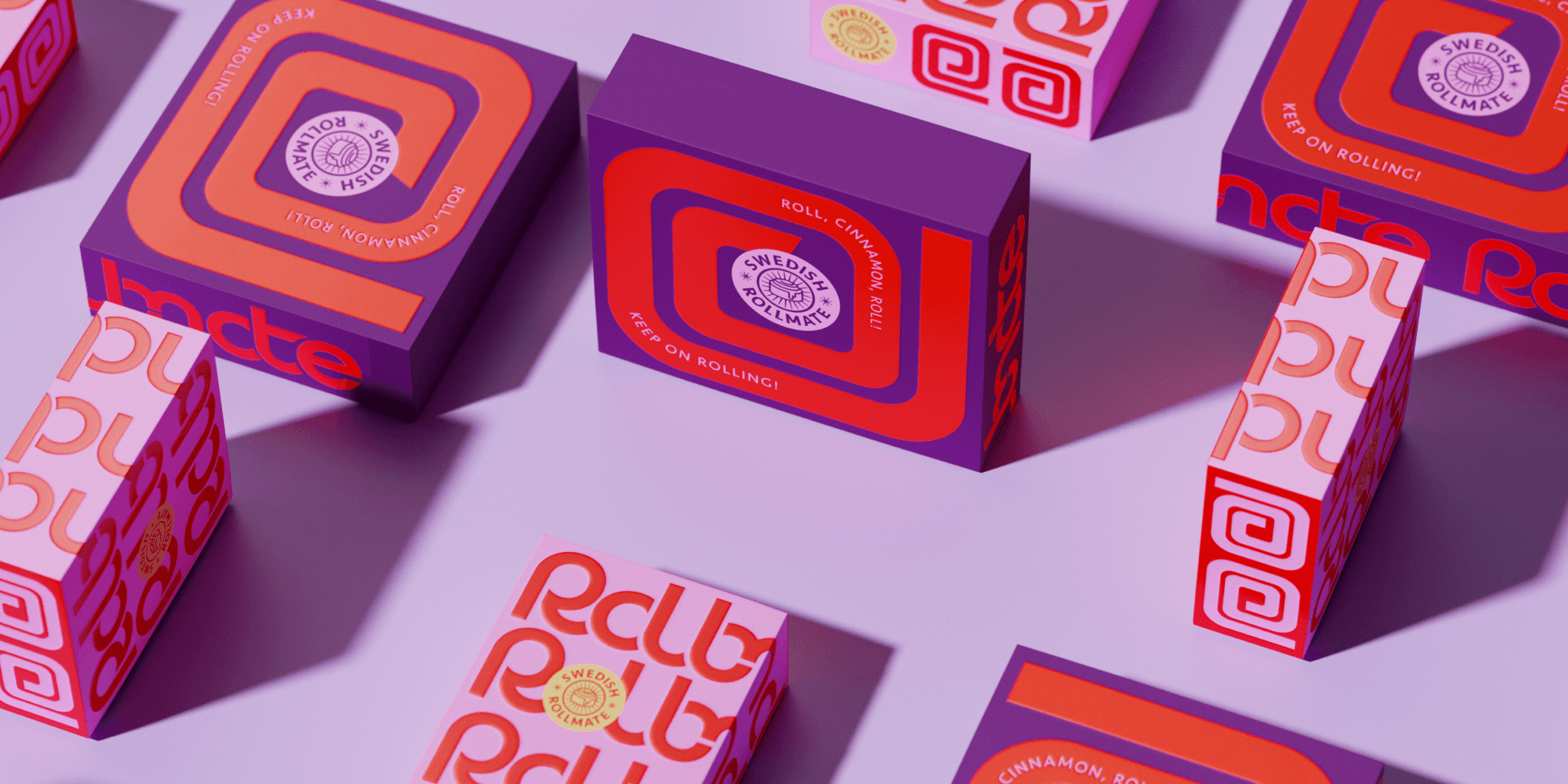Markenwelt Cinnamon Rolls – Faltschachteln mit Spiral-Grafik in Pink, Lila und Orange, dicht arrangiert.