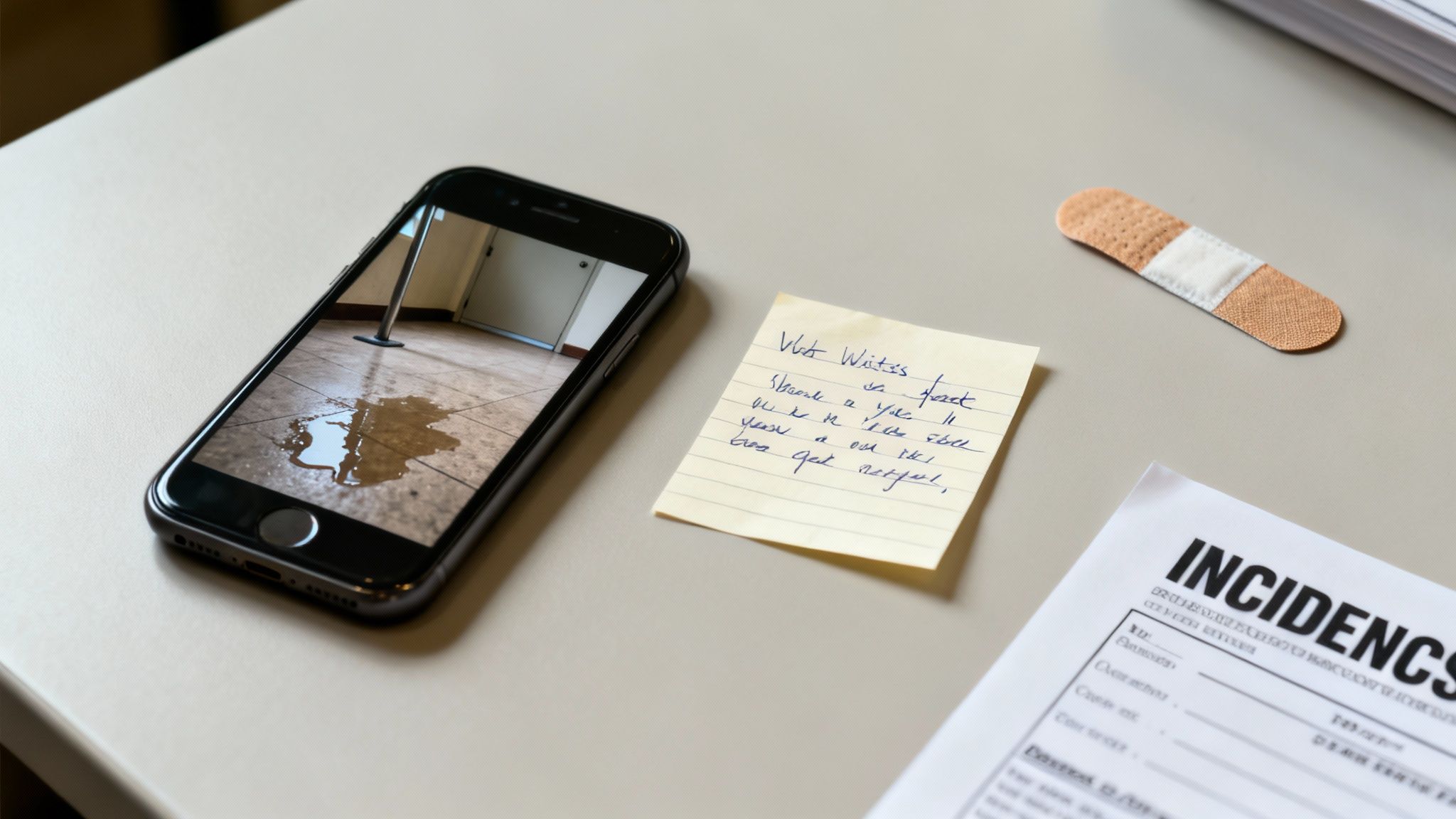 Evidence of a slip and fall: phone showing a spill, sticky note, band-aid, and incident report.