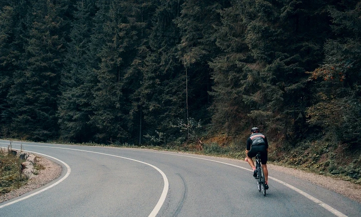 Cycliste sur route s'entraînant sur une route asphaltée sinueuse traversant une forêt de sapins.