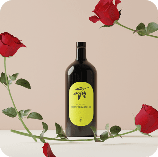 Olive oil bottle next to roses on white surface with beige background