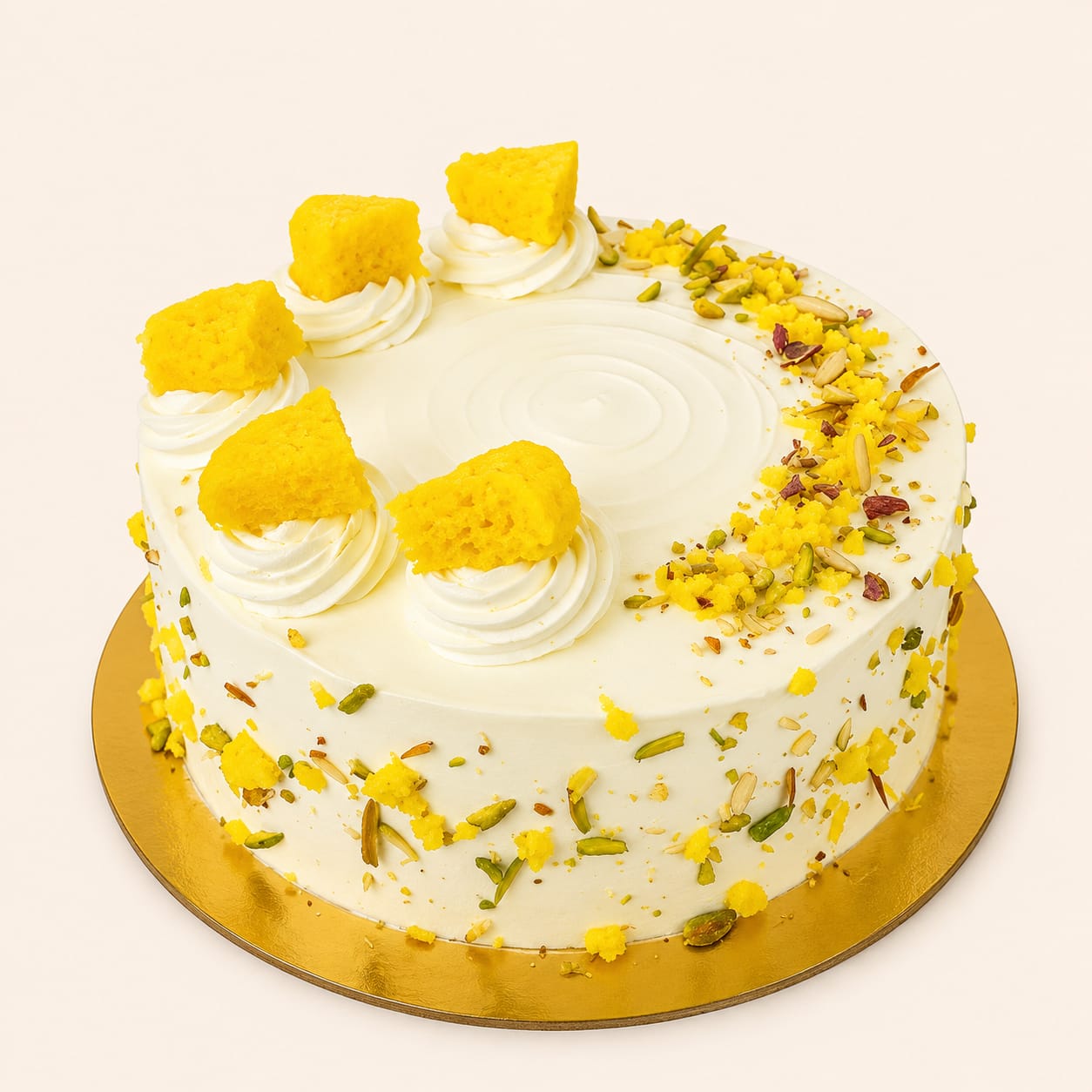 White custom cake with gold decorations
