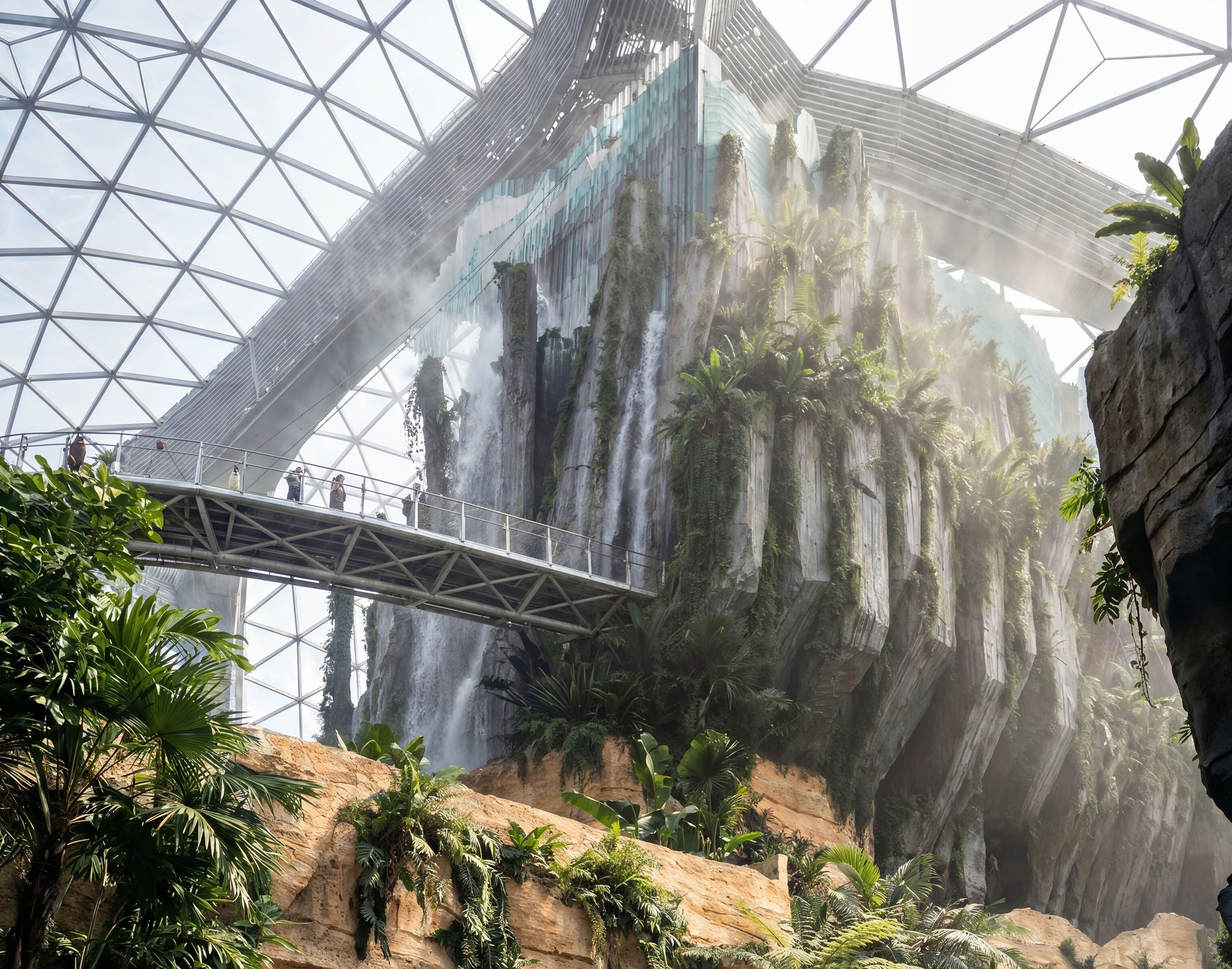Architectural CGI render of indoor waterfall, lush greenery.