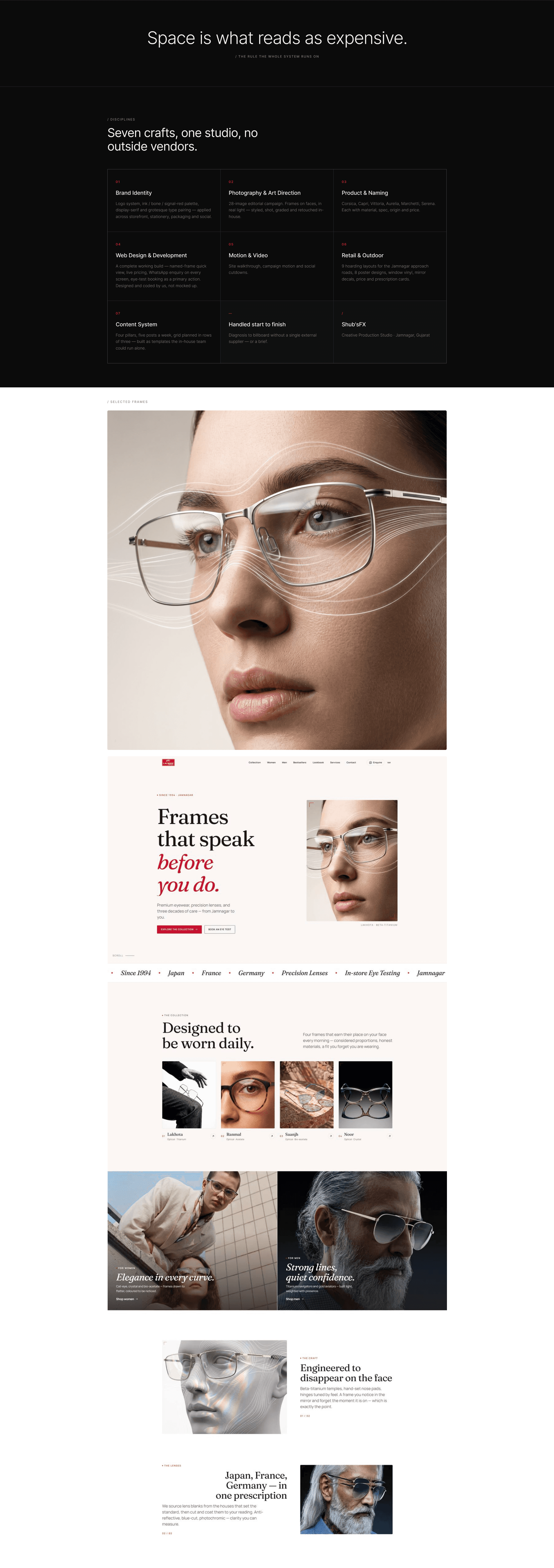 Proposed in-store lookbook wall for Lalwani Optics, editorial eyewear portraits above a display console.