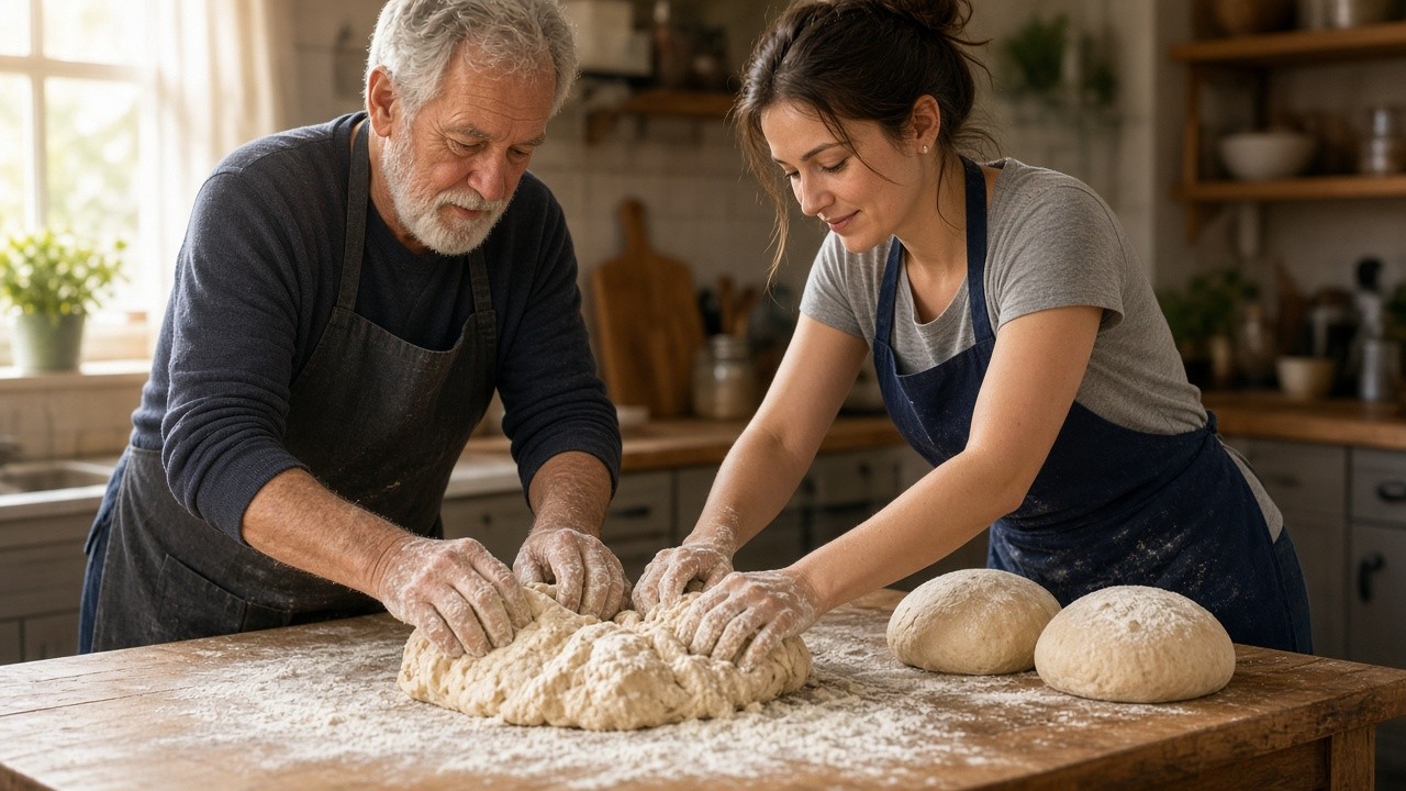 This image shows an elderly man and a young woman working together to knead dough on a wooden kitchen table. Both individuals wear aprons and have flour on their hands and the workspace, indicating active participation in baking. The setting appears to be a cozy, well-lit home kitchen with natural light coming from a window. Two dough balls rest on the table, suggesting preparation for baking bread. This scene can be used to illustrate home-based caregiving activities, especially involving dementia care where engaging in familiar tasks like baking can be therapeutic.