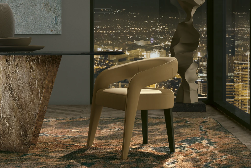 elegant chair in an urban atmosphere with view on a big city