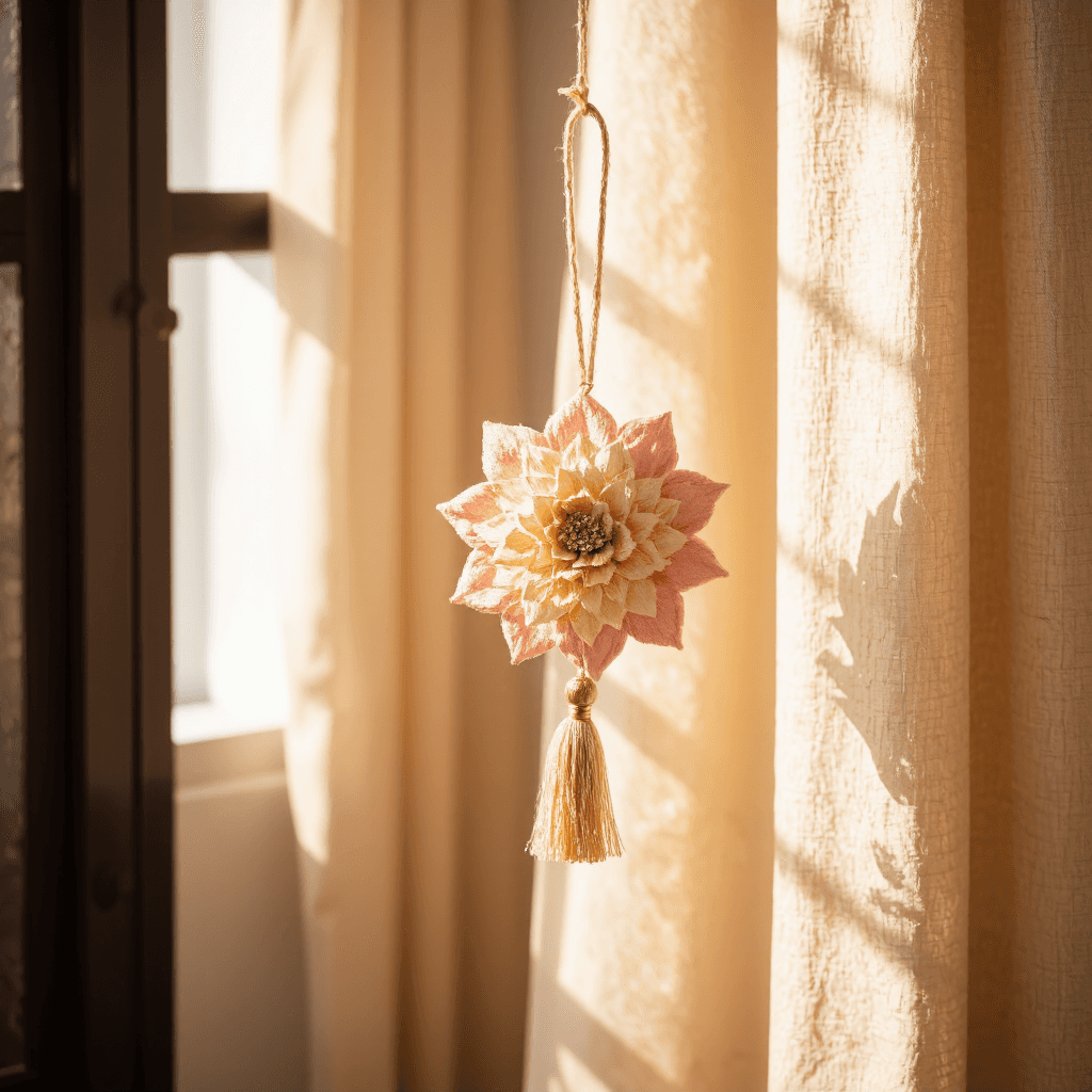 product photography of decorative fabric flower ornament with tassel