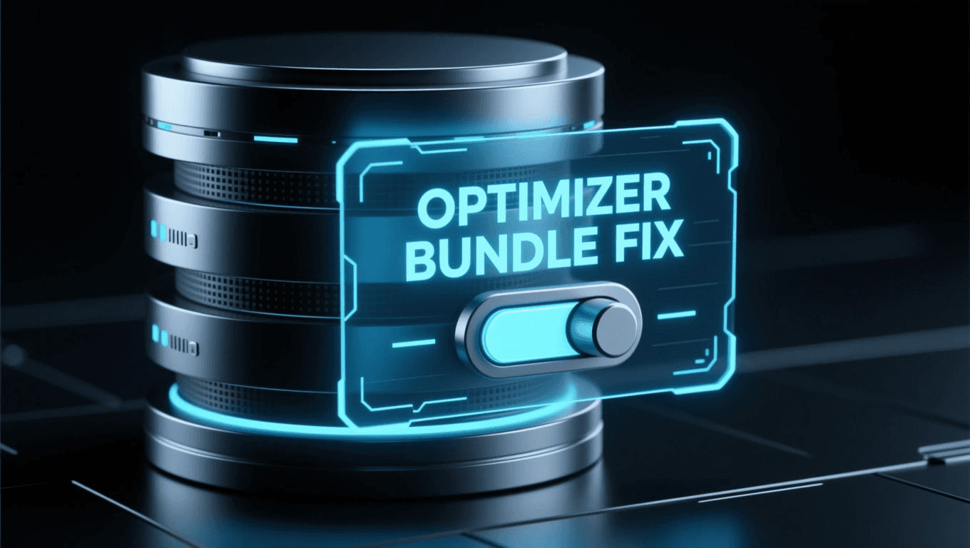Holographic "OPTIMIZER BUNDLE FIX" control panel emerging from an Oracle database cylinder, illustrating the hidden DBMS_OPTIM_BUNDLE feature for SQL optimization.