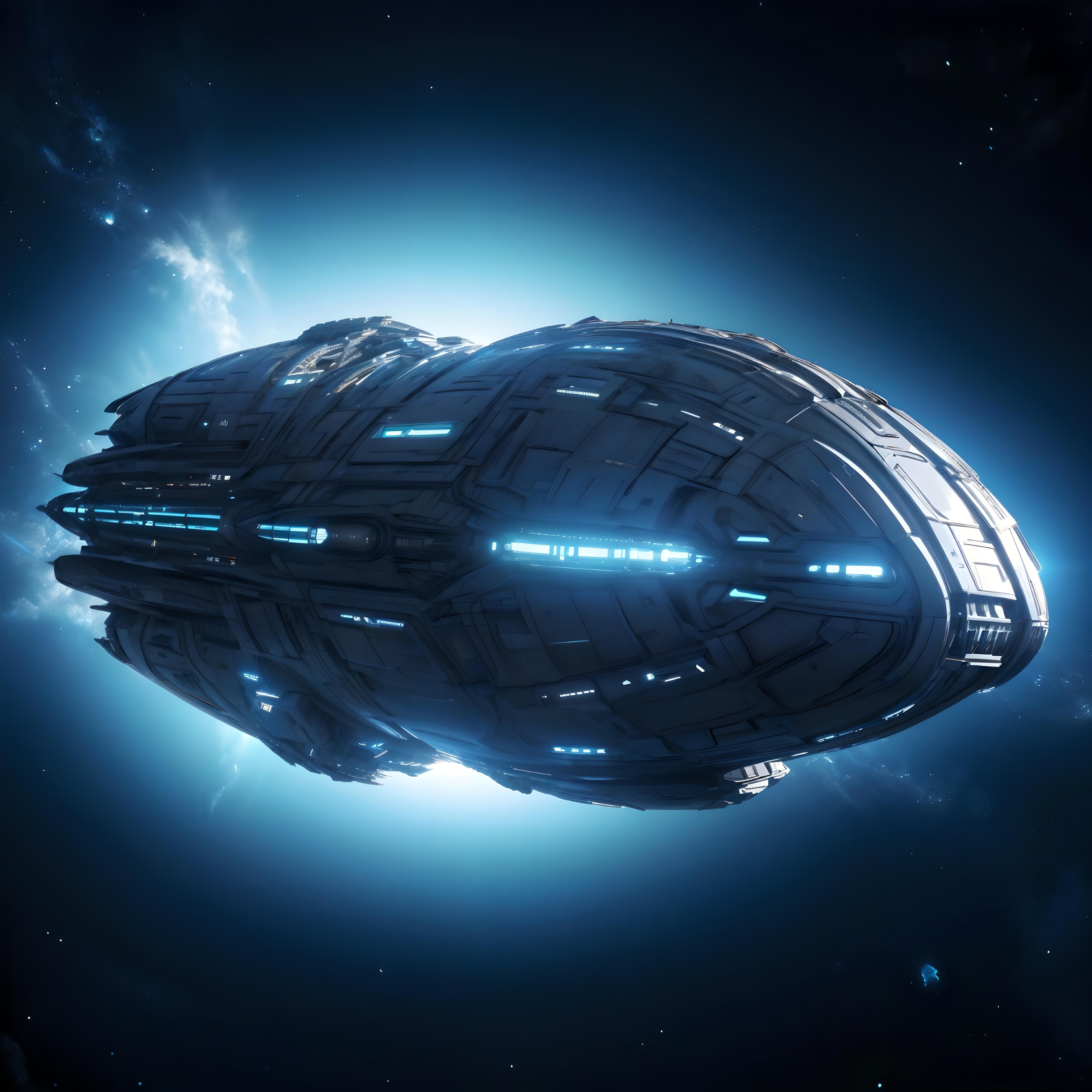 A black metallic space ship with blue lighting travelling through deep space.