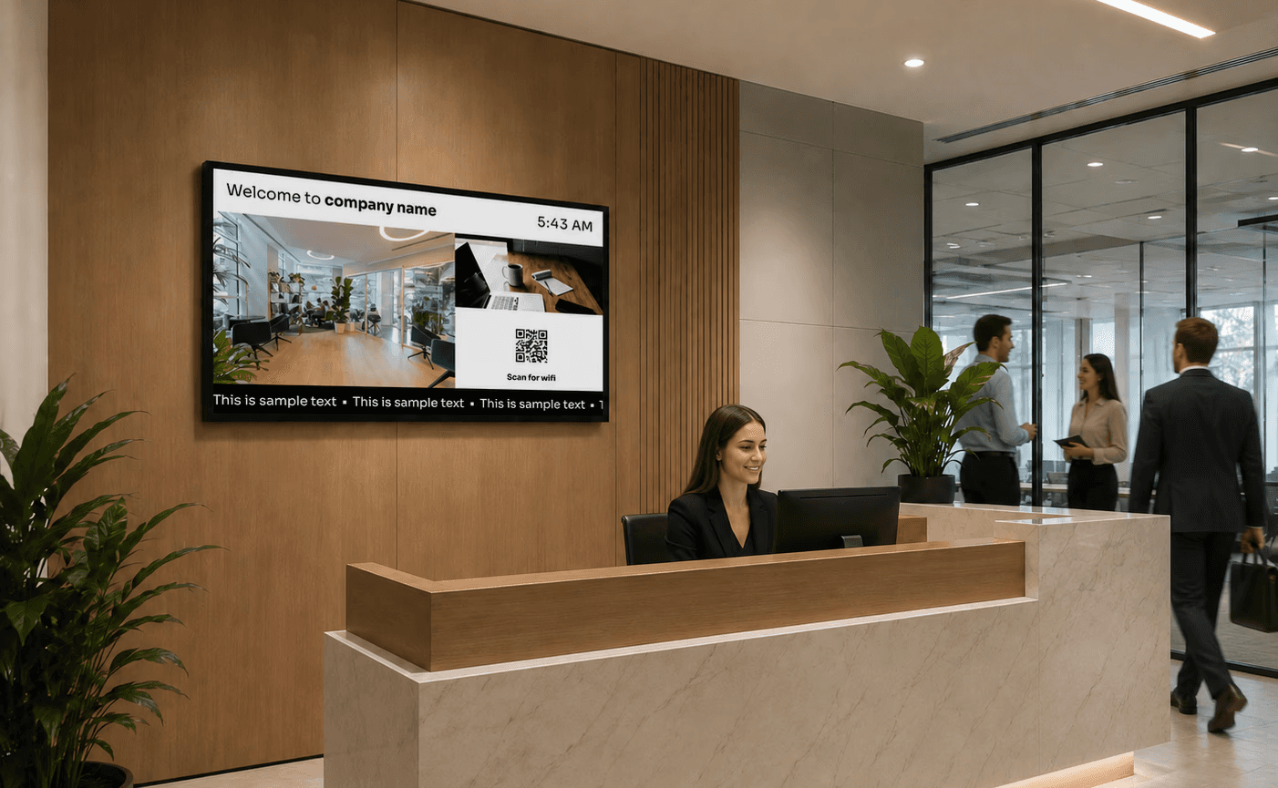 Infochannel at an office reception displaying time, WiFi information and updates.