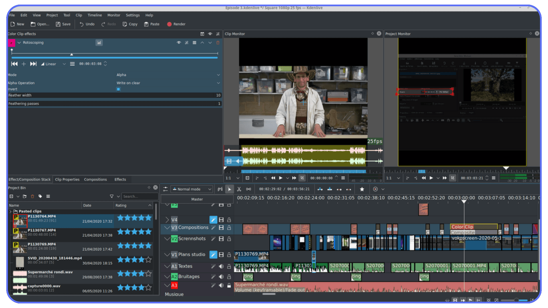 Kdenlive interface displaying multiple video and audio tracks, color clips, and rotoscoping effects with project preview.