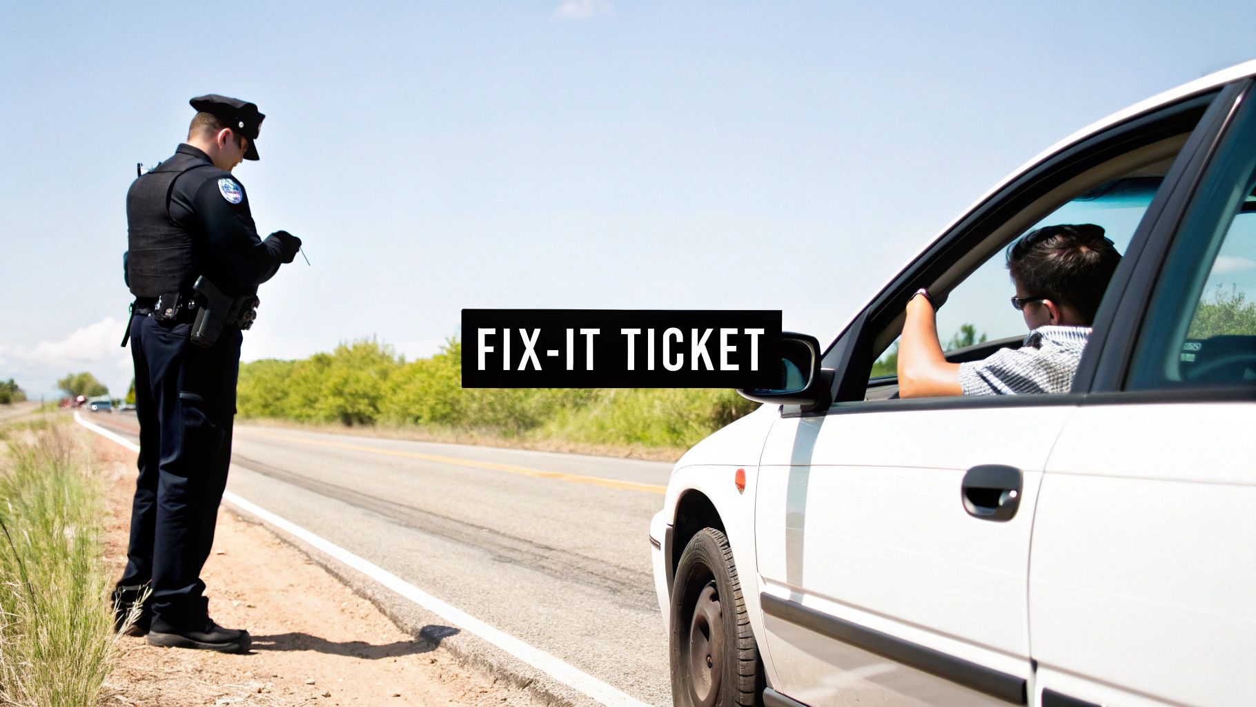 A police officer writes a fix-it ticket for a driver pulled over on the side of a road.