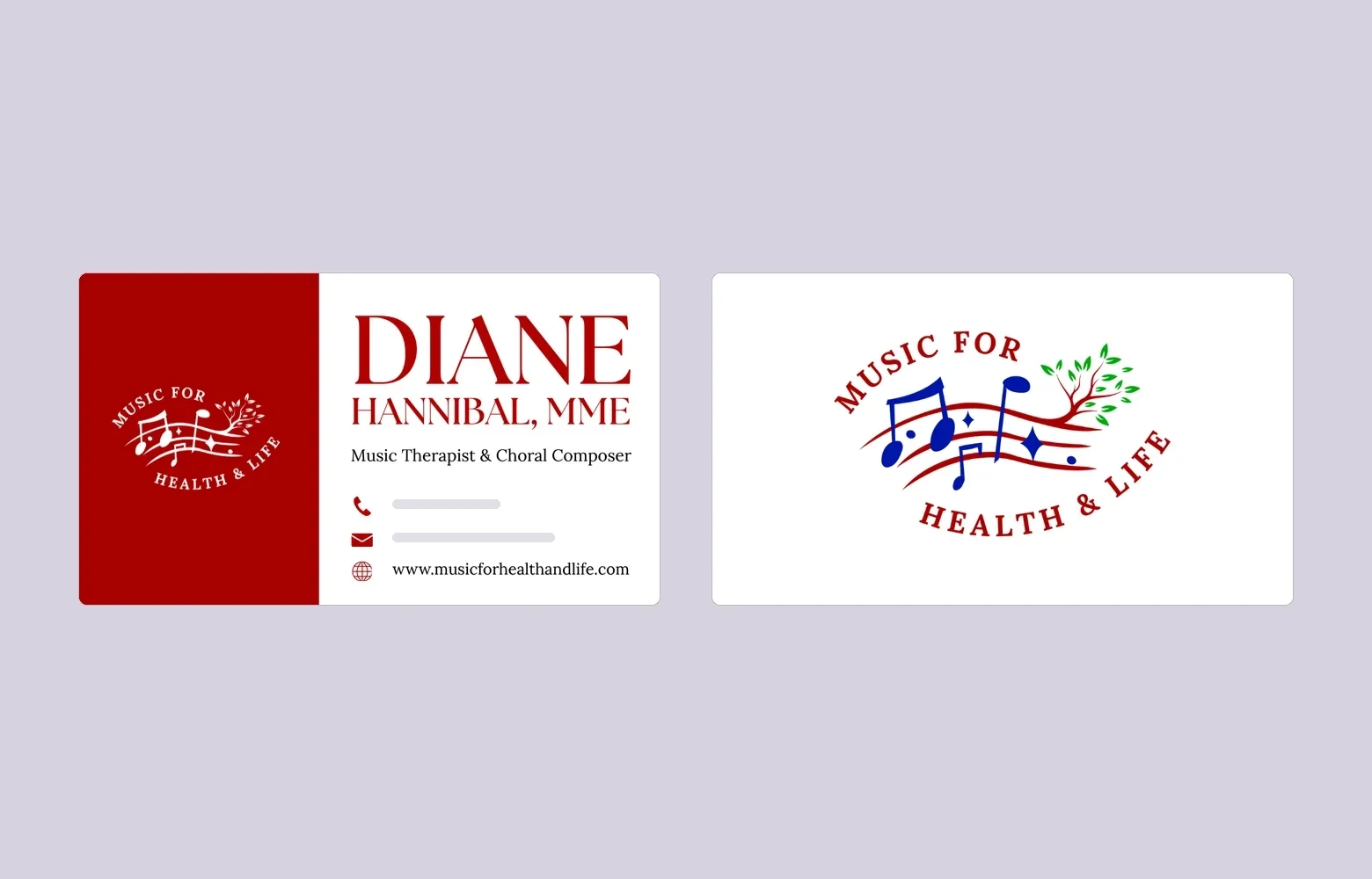 The Music for Health & Life business card: the front shows Diane Hannibal’s name and title beside the white logo on red, with her personal phone and email obscured, and the back shows the full-color logo on white