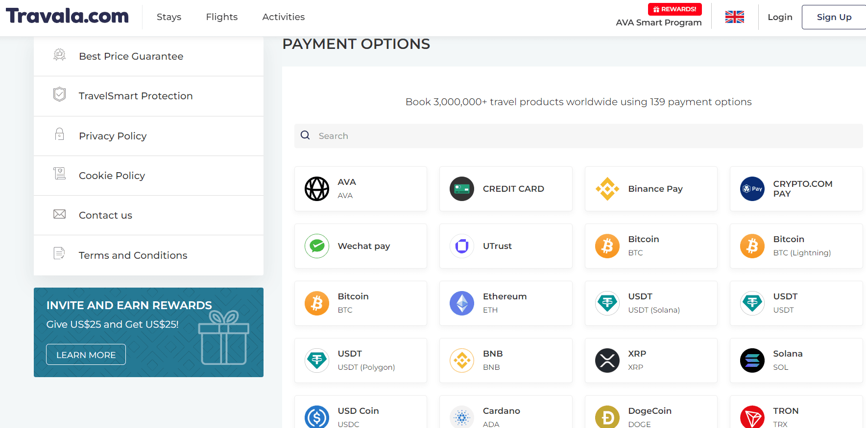 The different payment options of Travala include cryptocurrencies like BTC, USDT, TRON, etc.