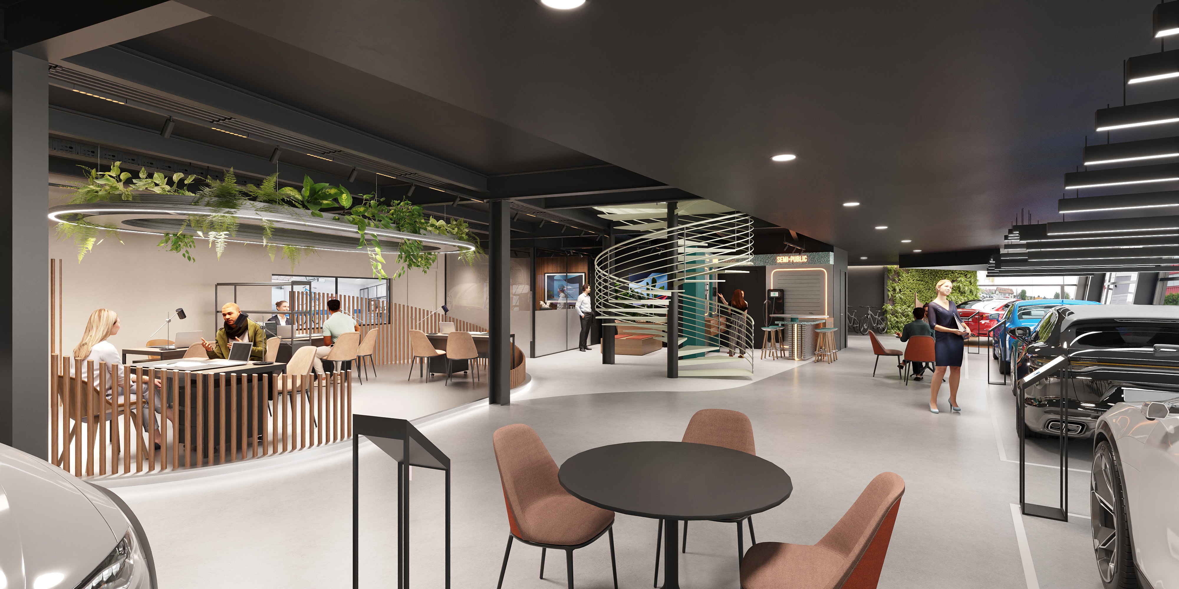 Midj Table and Chairs of a garage retail design concept for Arenaz Automobiles et Services SA in Crissier Switzerland