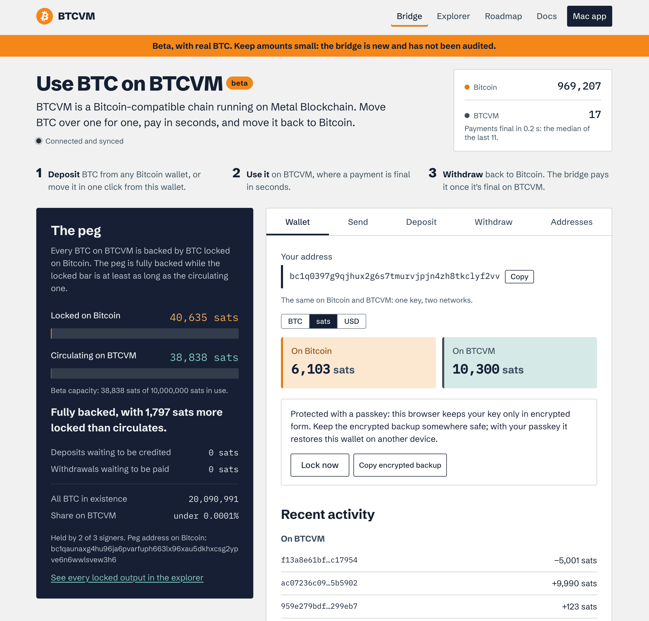 BTCVM bridge dashboard showing wallet, deposit and withdrawal controls, reserves and recent network activity
