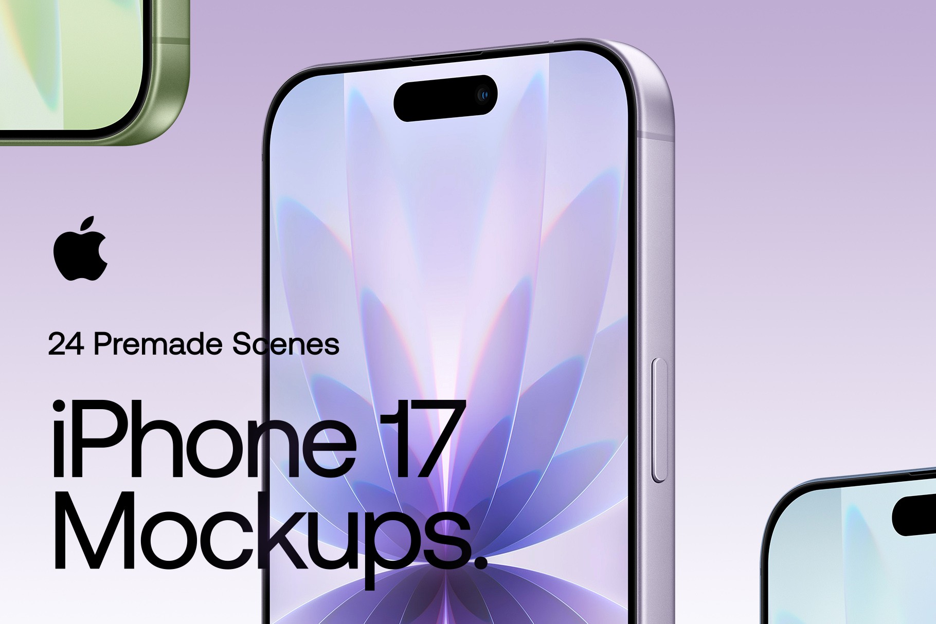 iPhone 17 mockup close-up with abstract purple wallpaper and sleek, notchless screen.