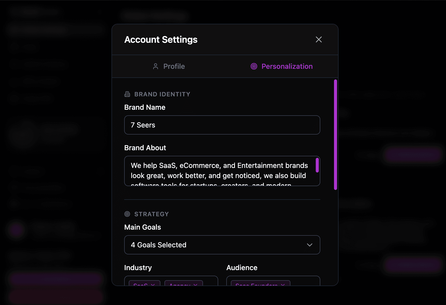 AI Personalization in RankFrame Account Settings