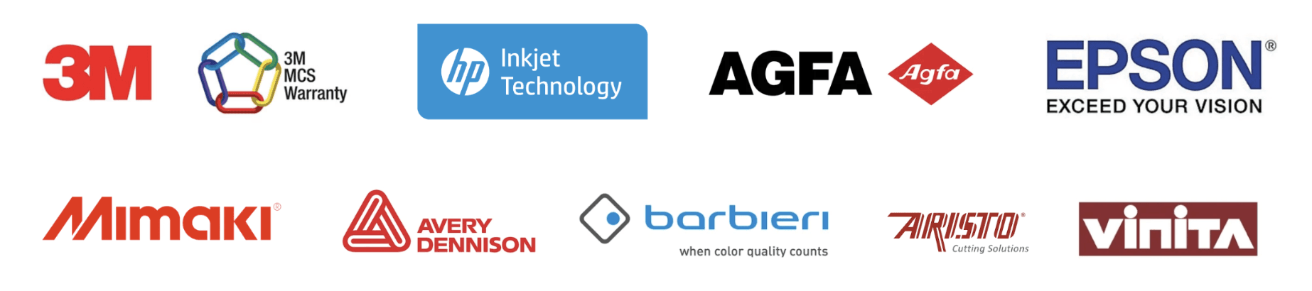 logos เครื่องและวัสดุในการพิมพ์ชอง Prodecal: 3M, 3M MCS WARRANTY, HP, AGFA, EPSON, MIMAKI, AVERY DENNISON, BARBIERI, ARISTO, VINITA