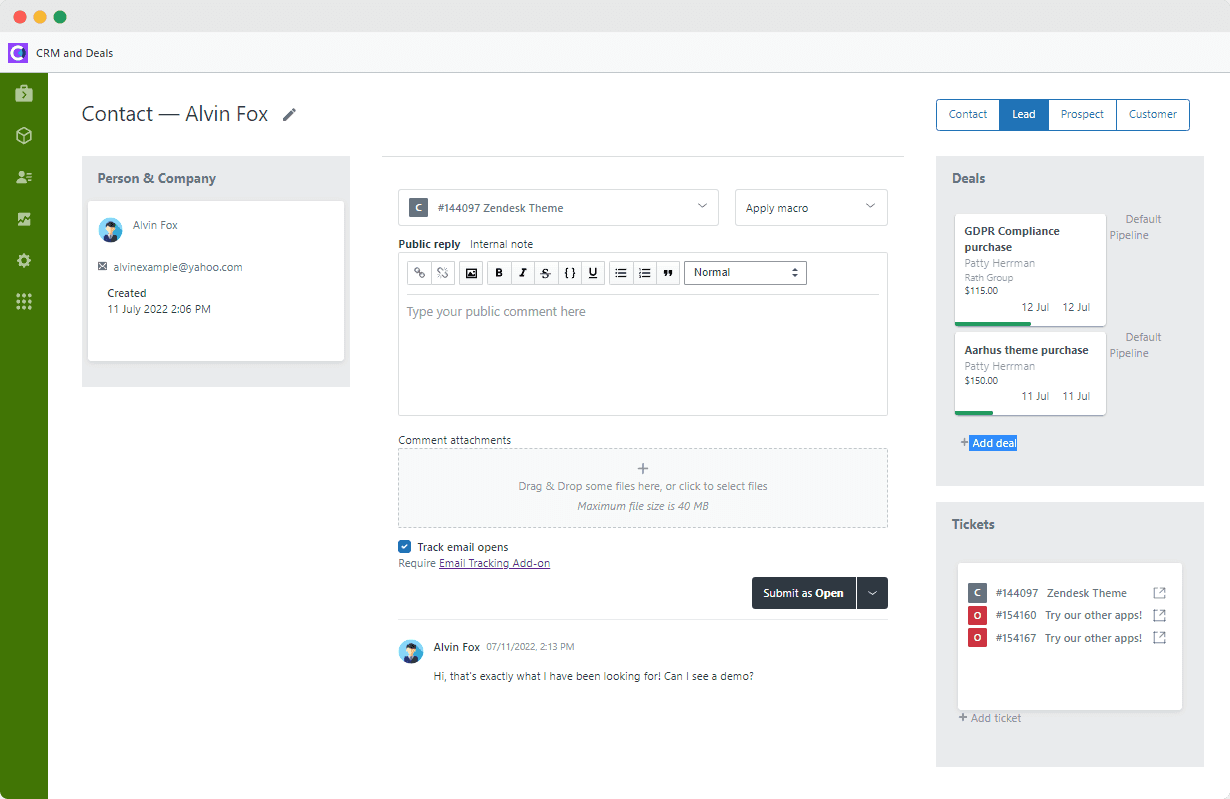 Zendesk interface&nbsp;