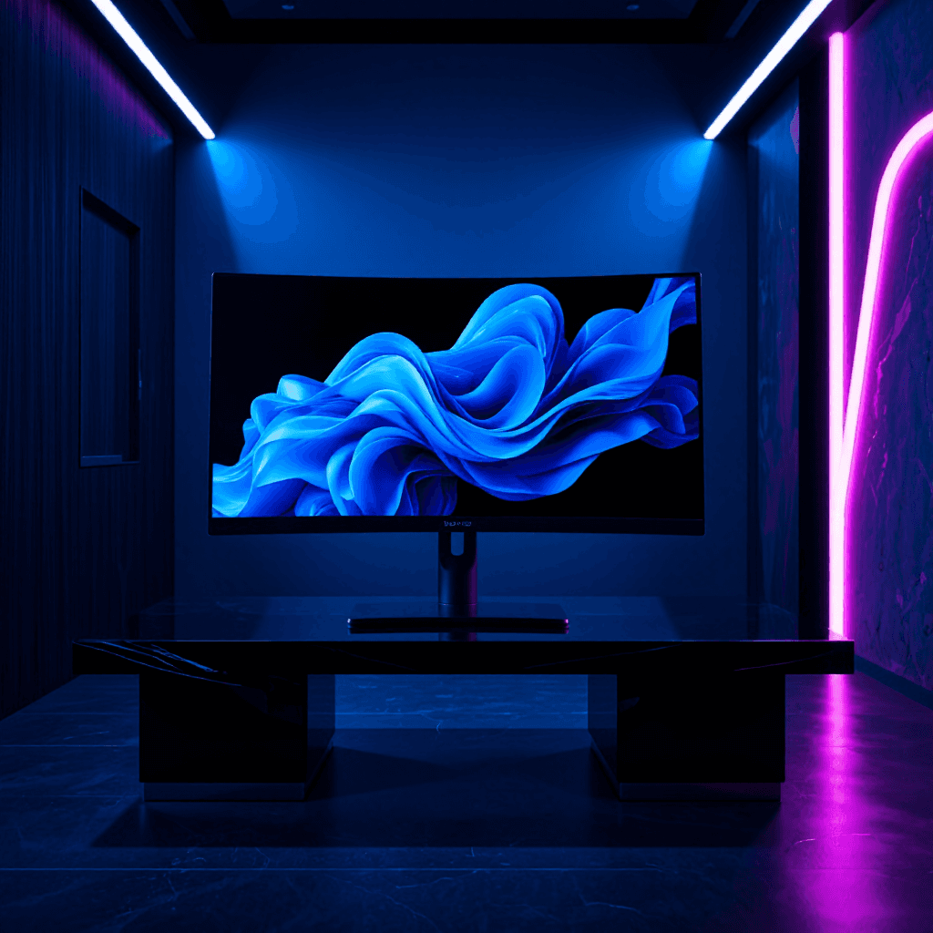 product photography of a desktop computer with an all-in-one design, featuring a large display and integrated speakers