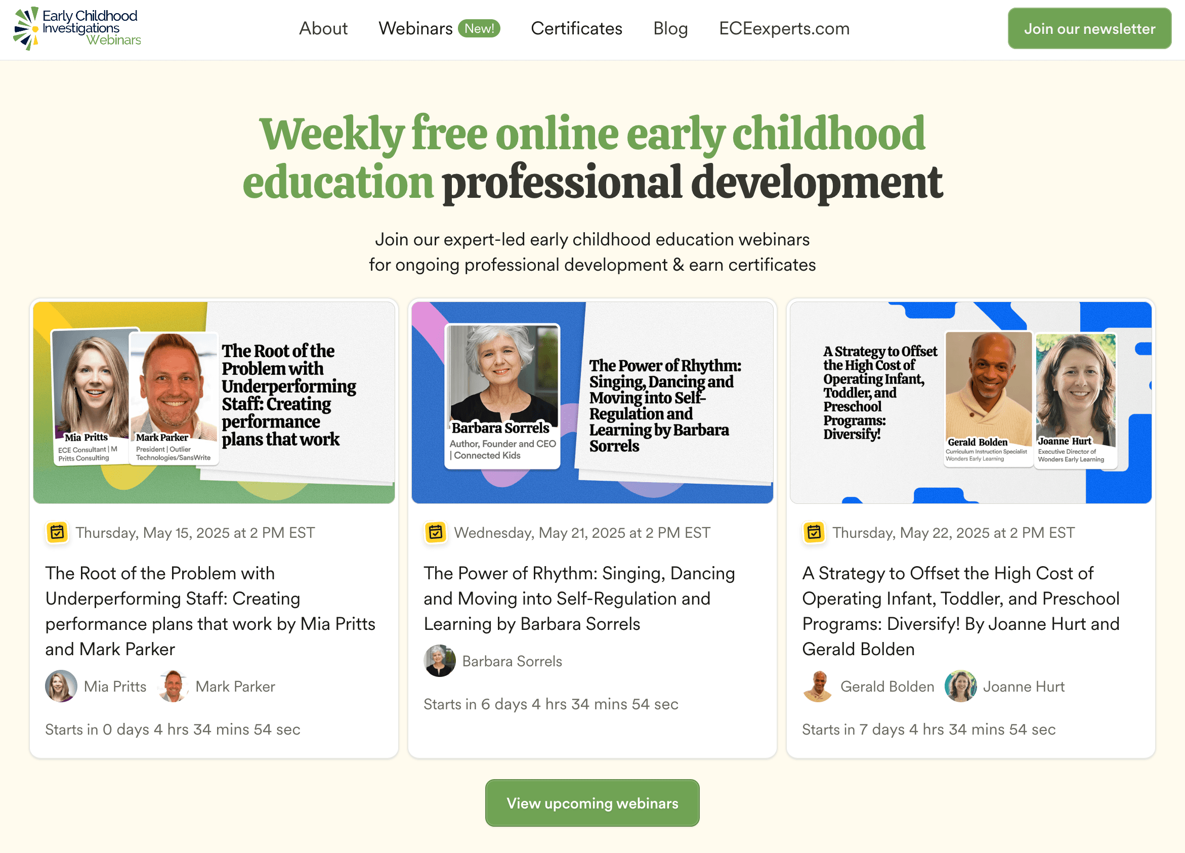 Early Childhood Investigations Webinars listing page with featured webinar tiles