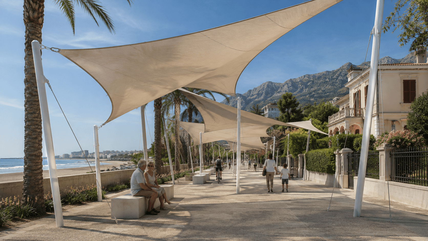 Concept visualisation of lightweight tensile canopies in a setting inspired by the Benicàssim seafront.
