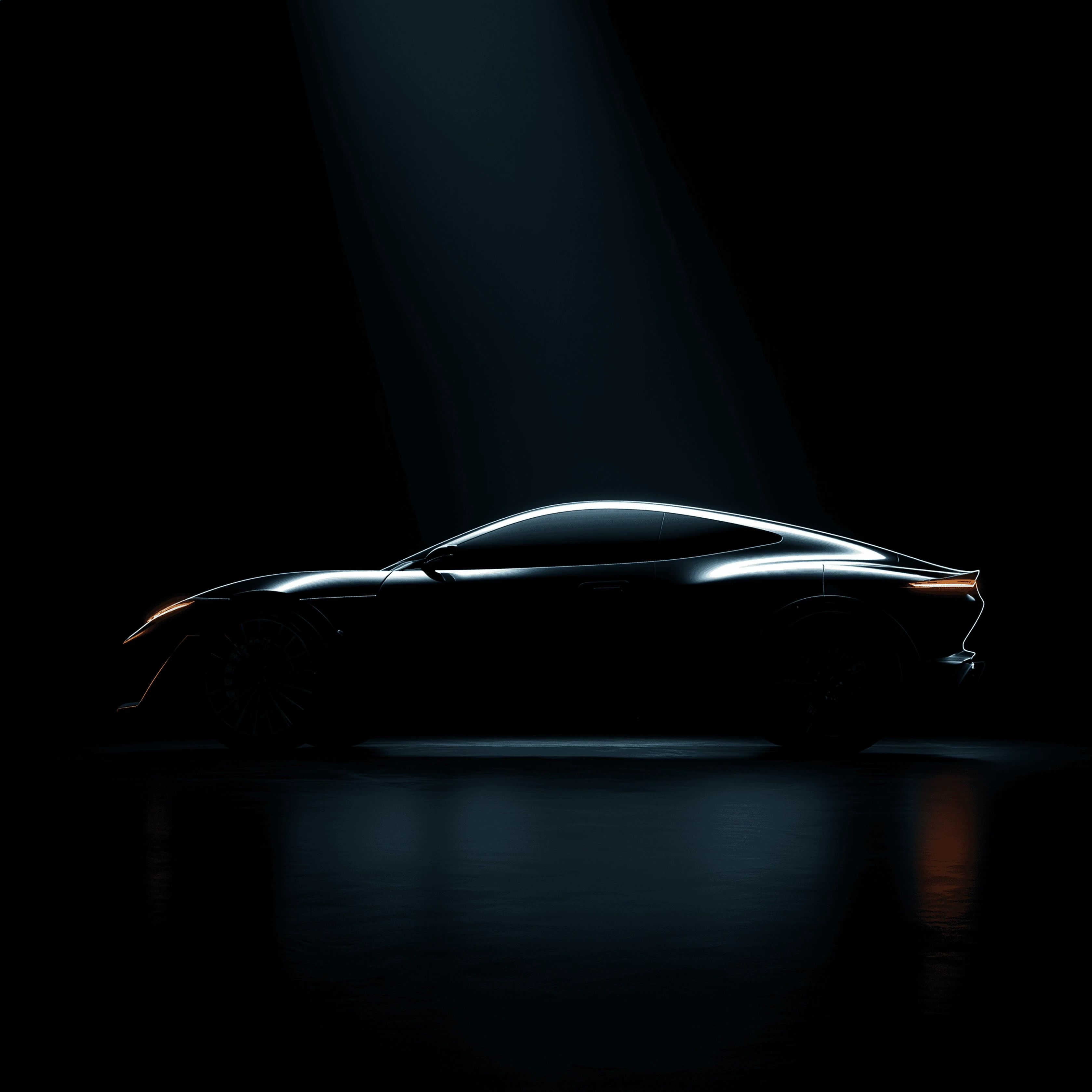 Sleek black sports coupe shown in side profile under dramatic spotlighting, with smooth aerodynamic curves and subtle illuminated accents against a dark reflective background.