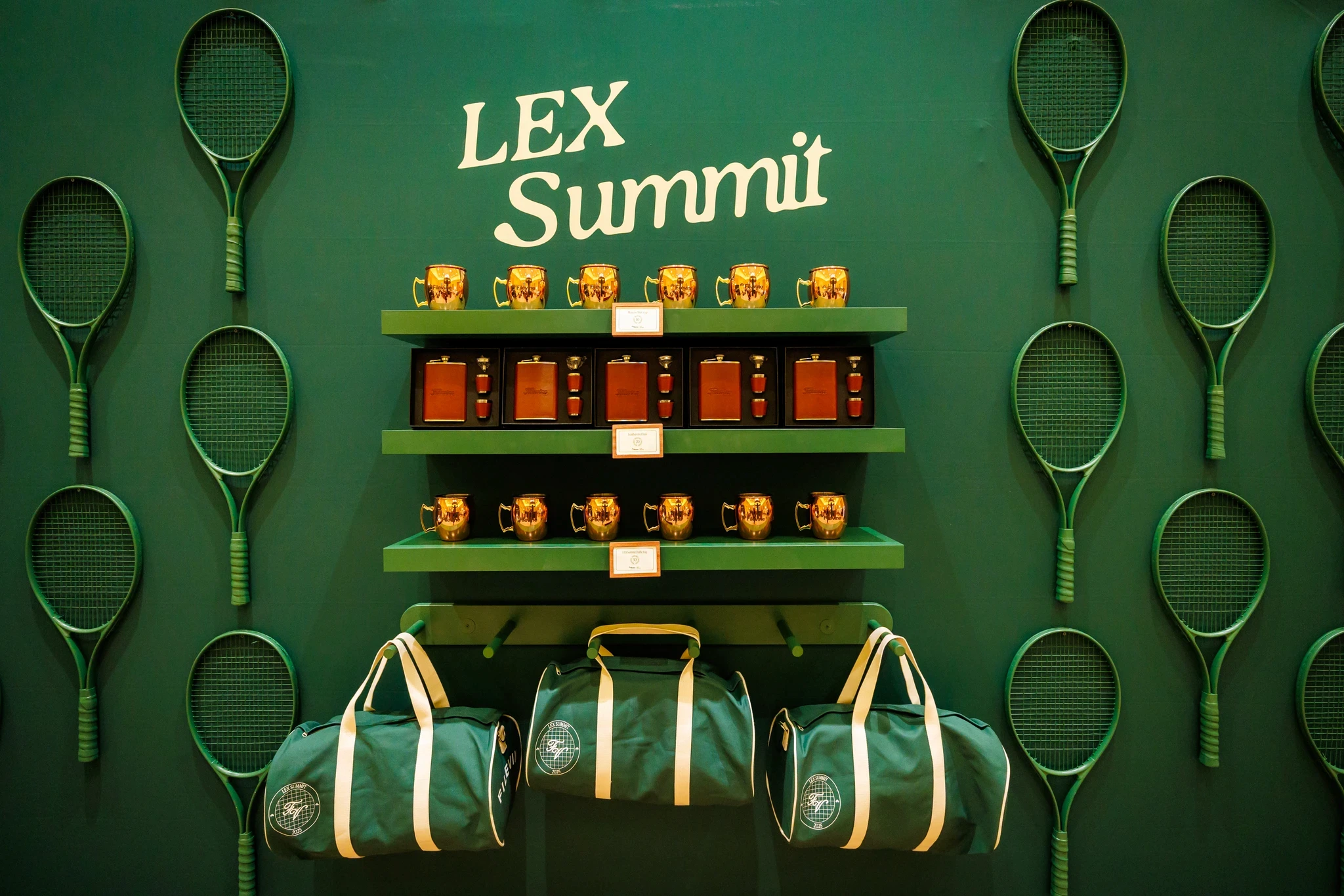 LEX Summit decor, bags hanging on the wall