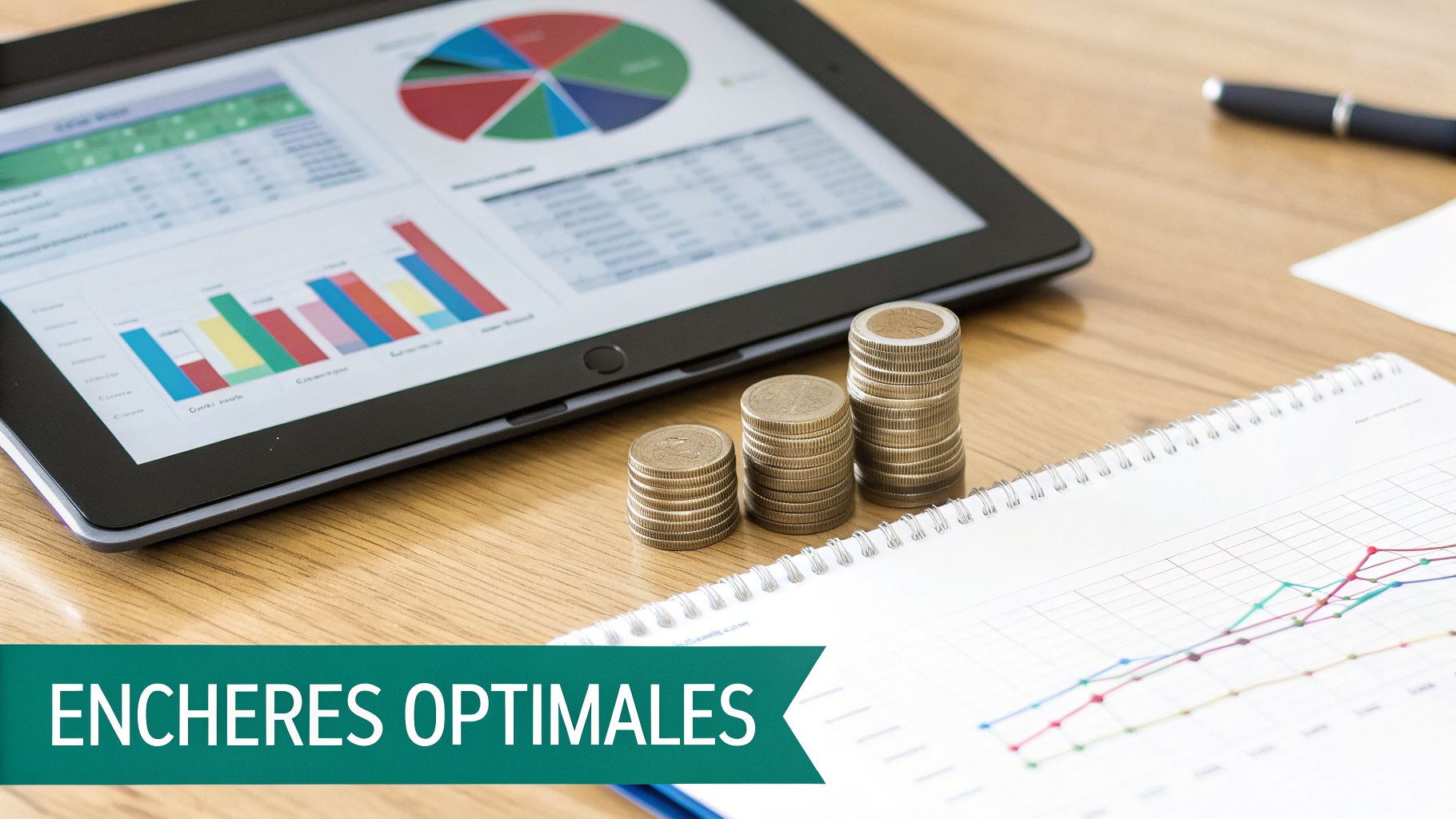 Tablette affichant des graphiques financiers, piles de pièces de monnaie, carnet avec graphique sur un bureau en bois.