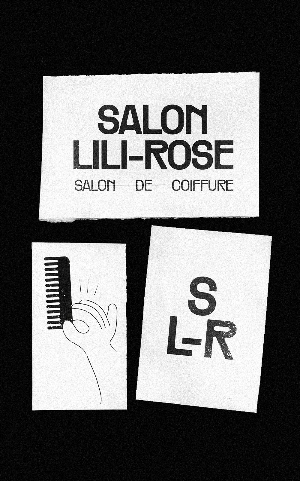 Image en noir et blanc présentant trois éléments distincts : une enseigne avec le texte 'Salon Lili-Rose, Salon de Coiffure', une illustration d'une main tenant un peigne, et les initiales stylisées 'S-LR', évoquant les supports de communication d'un salon de coiffure.