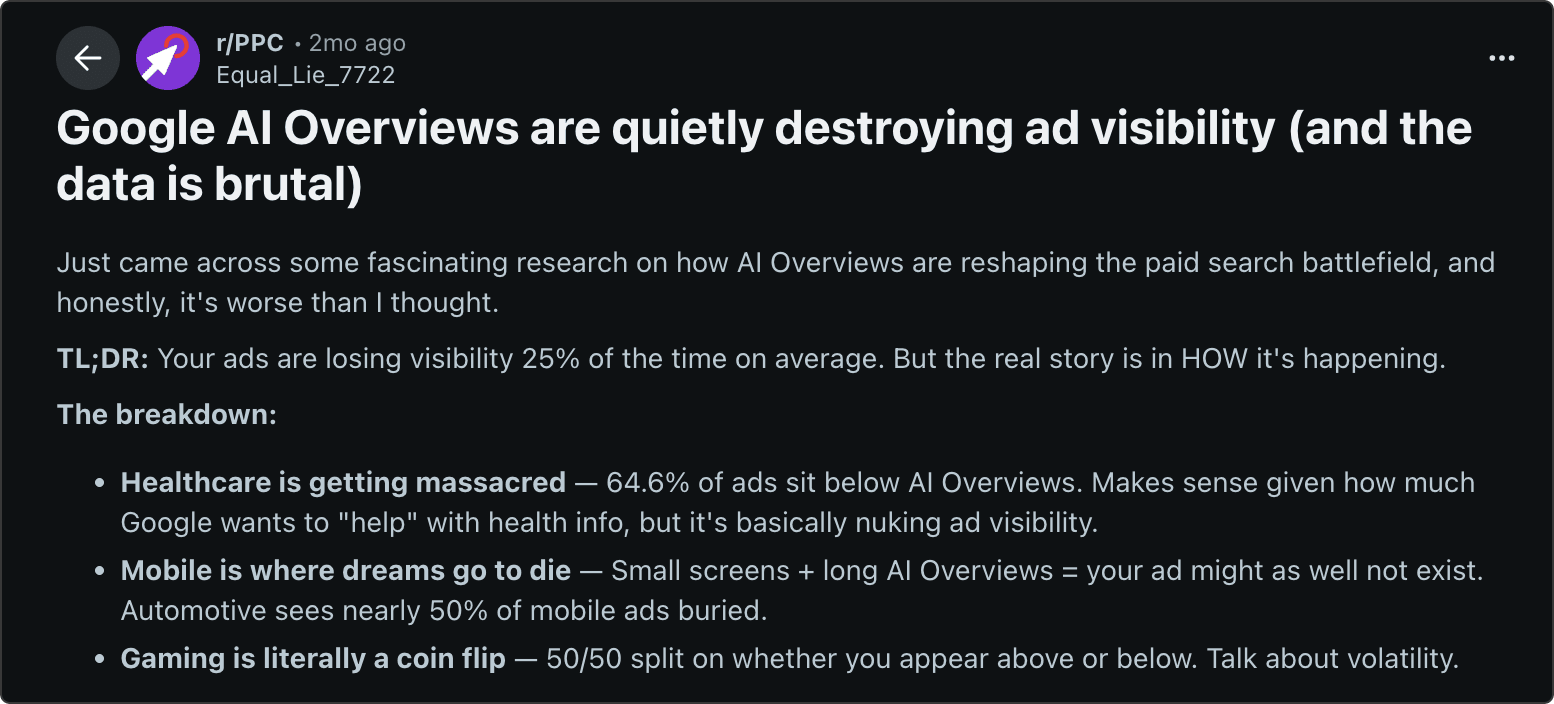 Reddit post image on why AI search or AEO is destroying ads