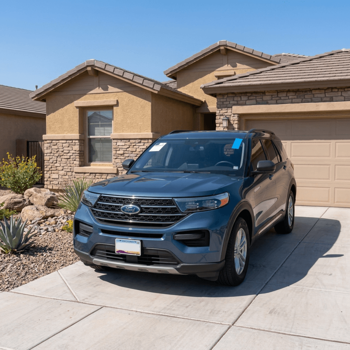 New windshield installed on a blue Ford Explorer at a residence in Yuma, Arizona