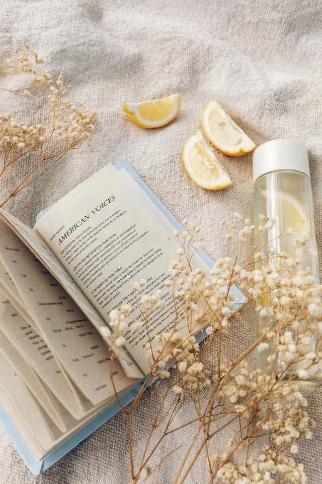 top down view of a book on a piece of light brown filt. The image is also decorated with a waterbottle and lemons.