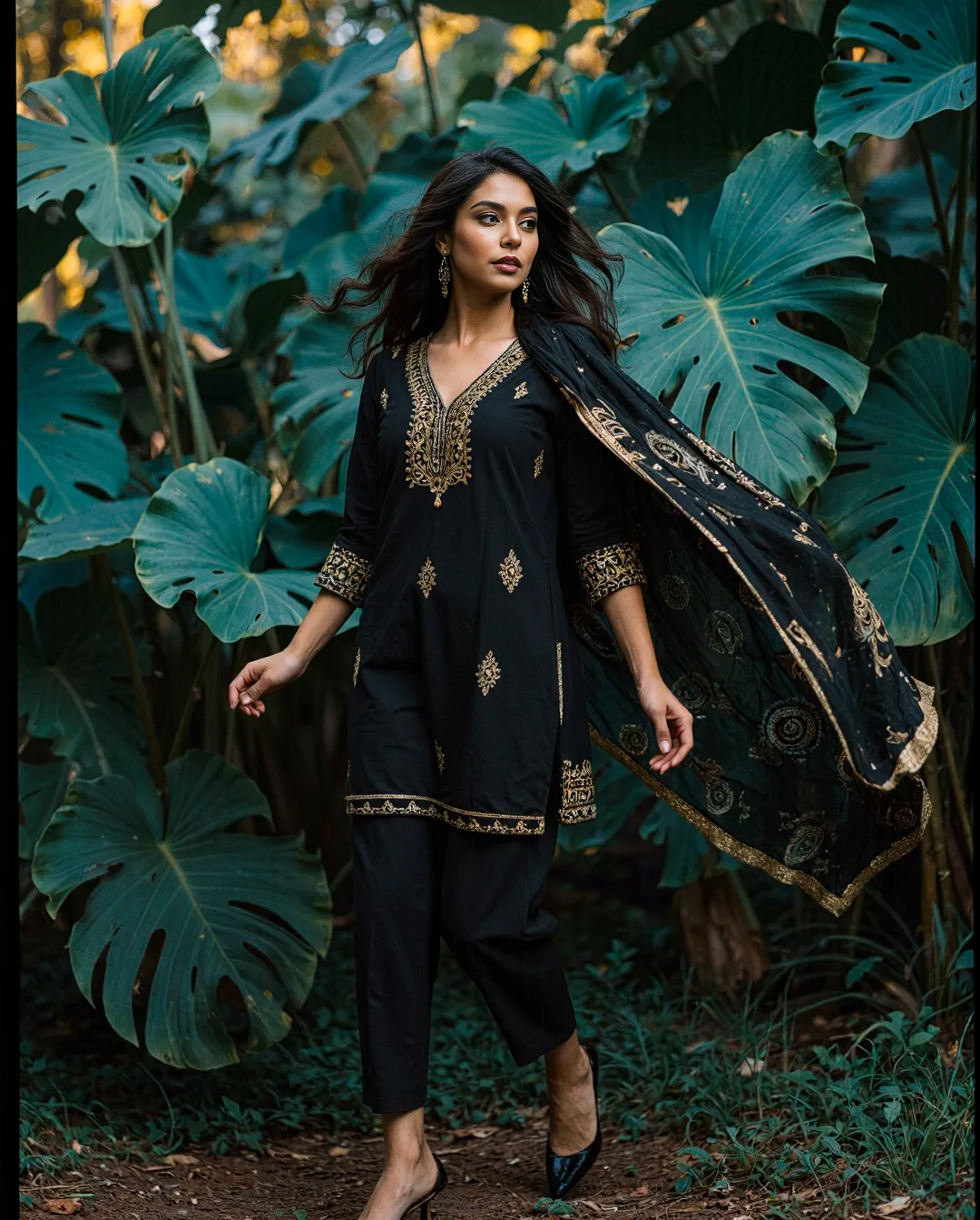 Elegant black and gold traditional outfit with embroidery details photographed against large monstera leaves in a tropical setting