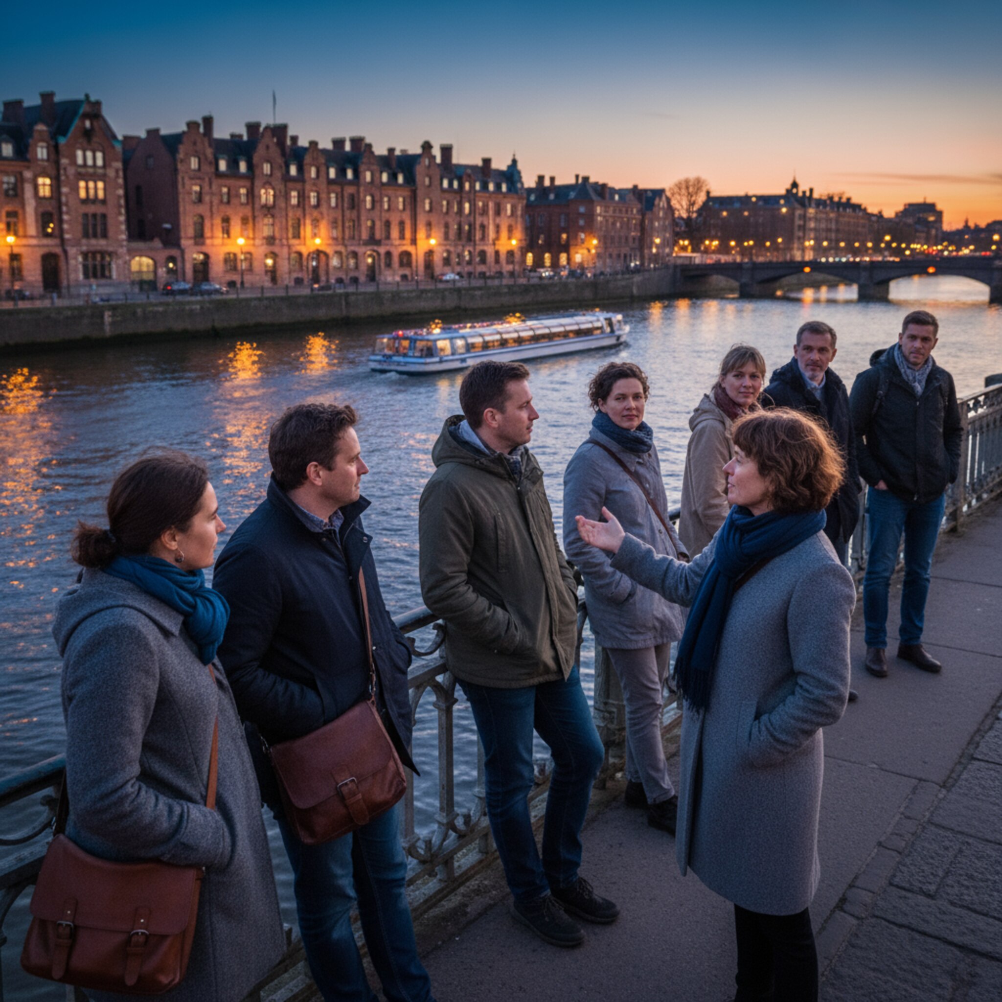 Zum blauen Abendhimmel versammelt sich eine Gruppe auf einer Brücke, die Lichter spiegeln im Wasser. Der Guide deutet auf eine alte Uferfassade, leiser Wind bewegt Jackenkrägen. Ein Boot zieht langsam vorbei. Ein Moment zwischen Stadtgeräuschen und Staunen, bevor die Tour zur nächsten Station weitergeht.